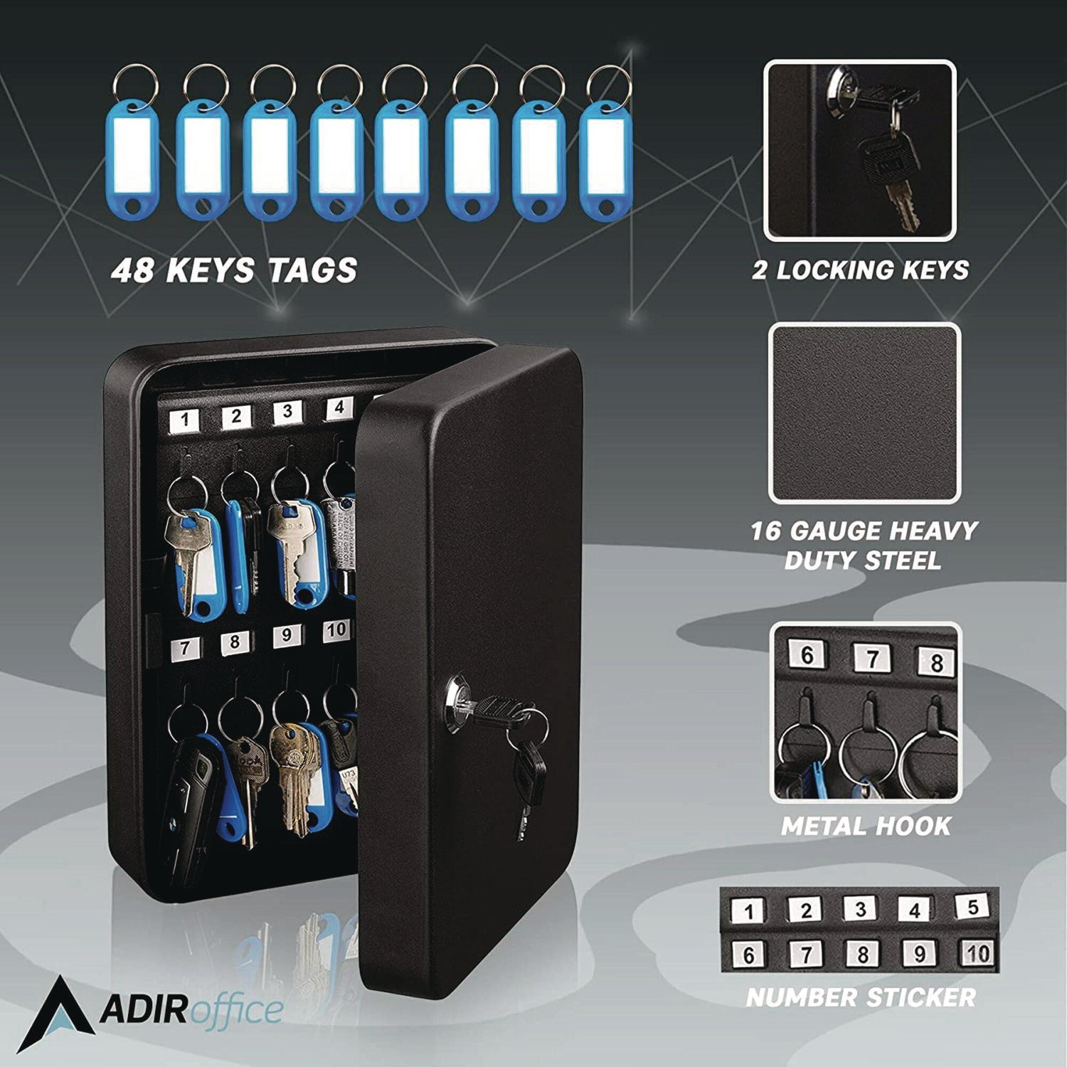 AdirOffice 48-Key Steel Key Lock Cabinet - Secure Key Storage Box with Key Lock, Stainless Steel 304 Construction (7.1