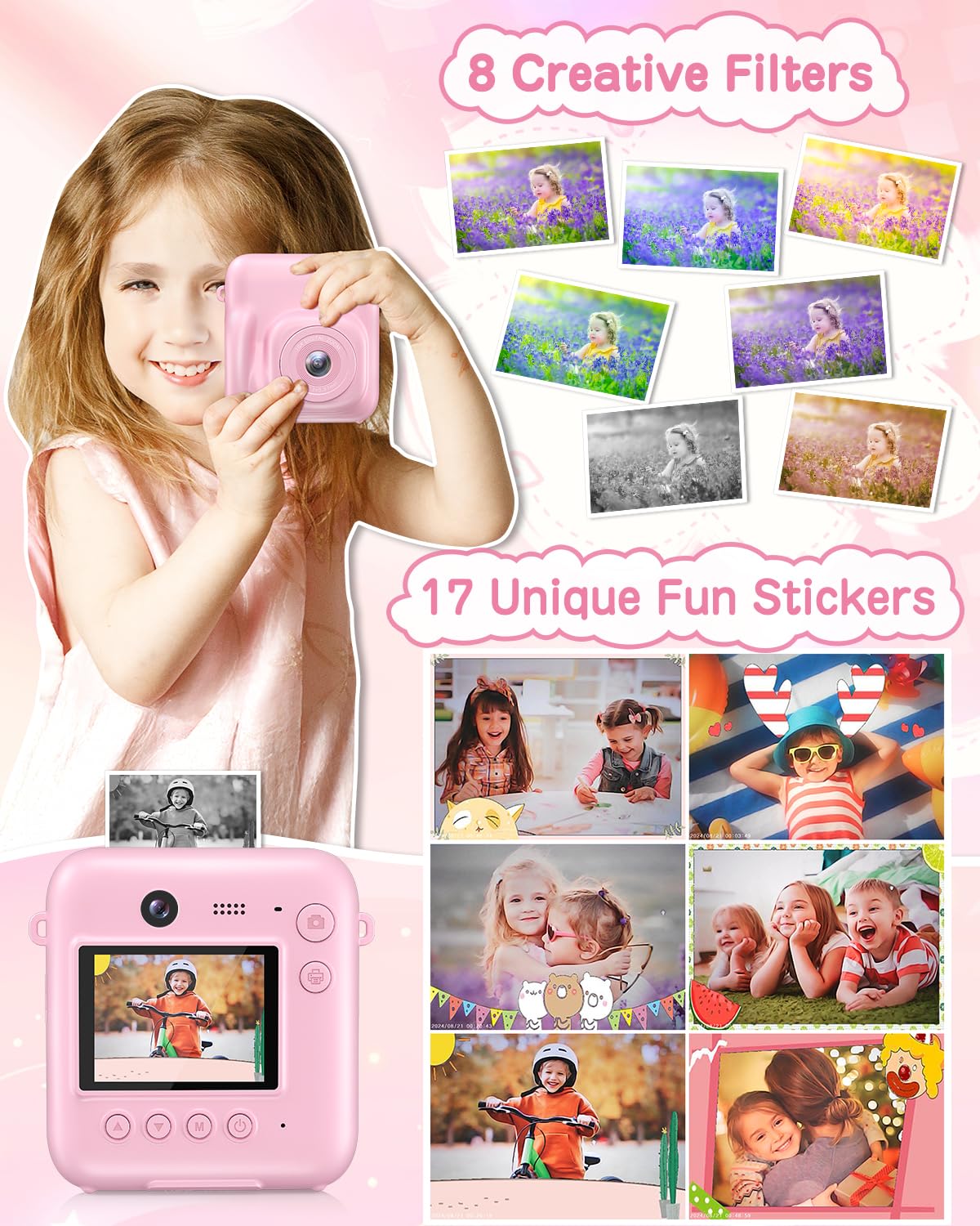 48MP Kids Instant Print Camera with 1080P Video - Selfie Digital Camera for Boys & Girls Ages 4-9 | Includes 32GB Card, Print Paper | Perfect Christmas & Birthday Gift (Pink) | Great for Travel, Parties & Creative Play