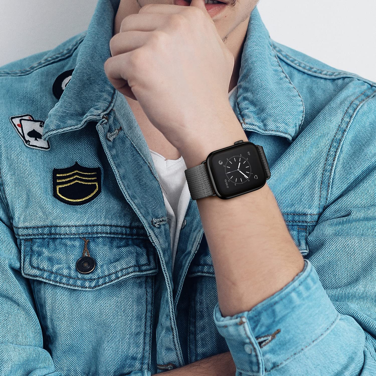 OXWALLEN Stretchy Nylon Solo Loop Band for Apple Watch Series 9/8/7/6/5/4/3 SE Ultra 2/1 (49mm 45mm 44mm 42mm) - Adjustable Elastic Strap with Stainless Steel Adapter - Deep Gray - Perfect for Workouts, Running & Everyday Wear