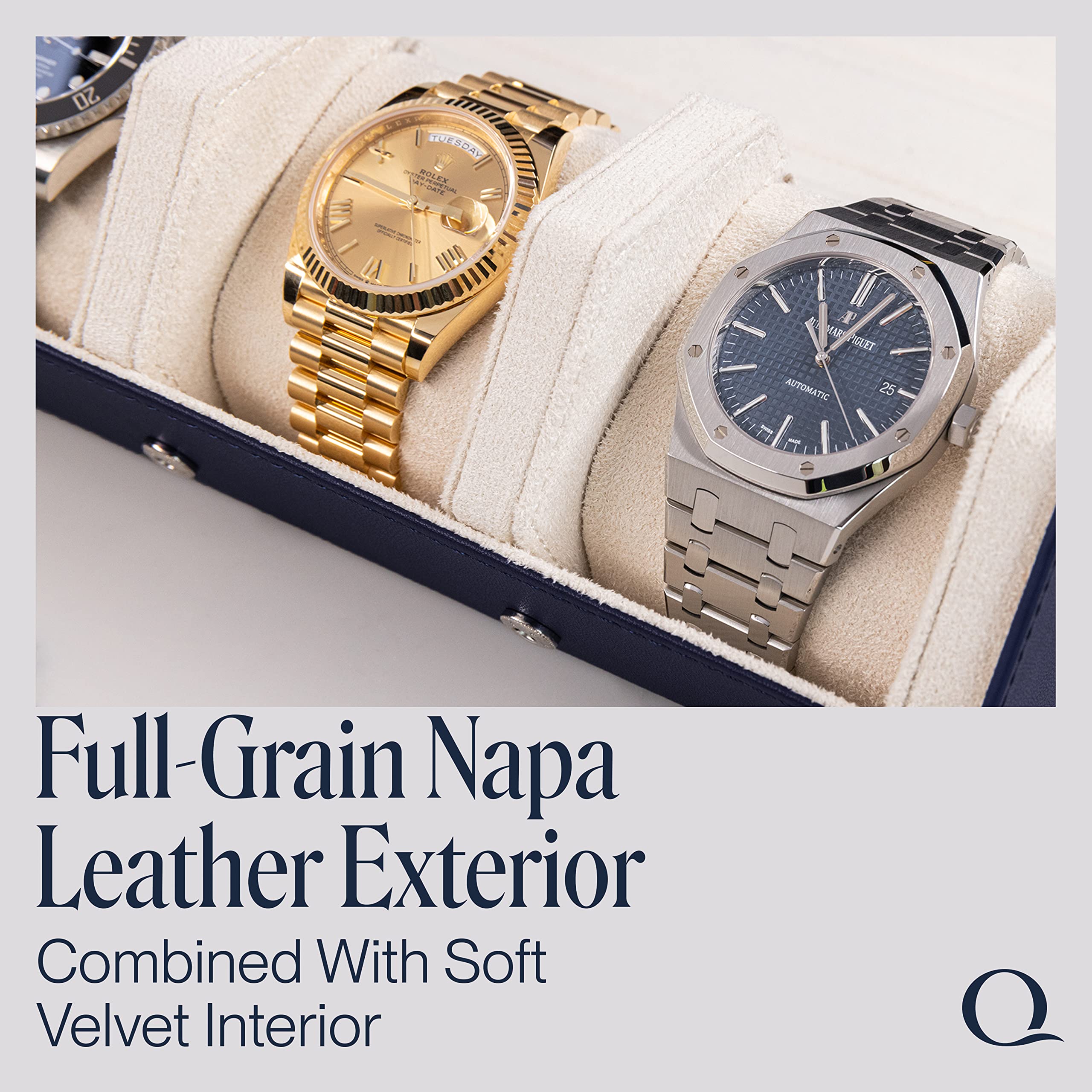 Premium Napa Leather Watch Roll for Men - Hexagon Triple Watch Travel Case Holds 3 Watches - Genuine Leather Storage Organizer with Velvet Lining (Blue/Cream) - Perfect for Travel, Business Trips & Watch Collection Display