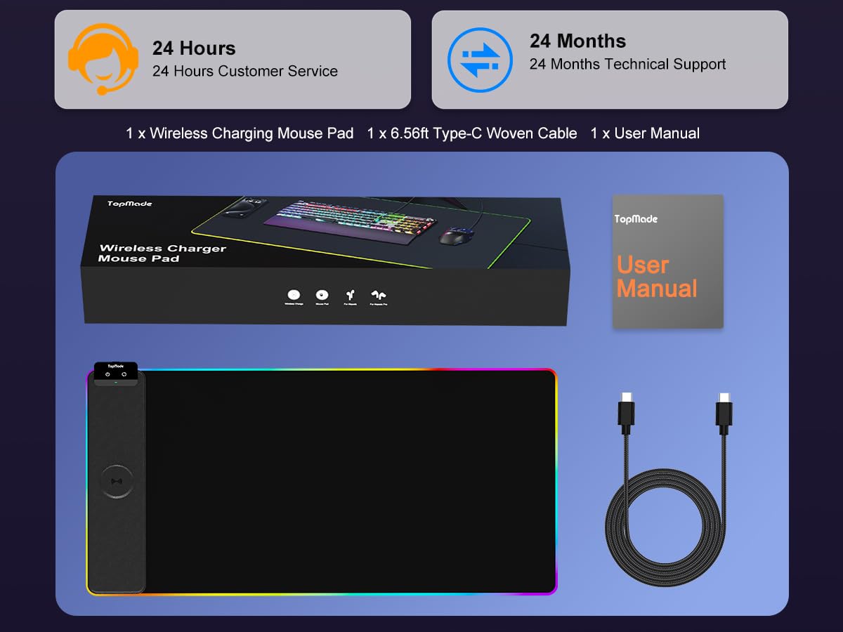 TopMade Wireless Charging Mouse Pad - RGB Gaming Mousepad with 13 Light Modes, Ultra-Smooth Surface & Non-Slip Base - Large Desk Mat for Home Office, Computer Workstation, and Gaming Setup (Black, No Power Adapter Included)