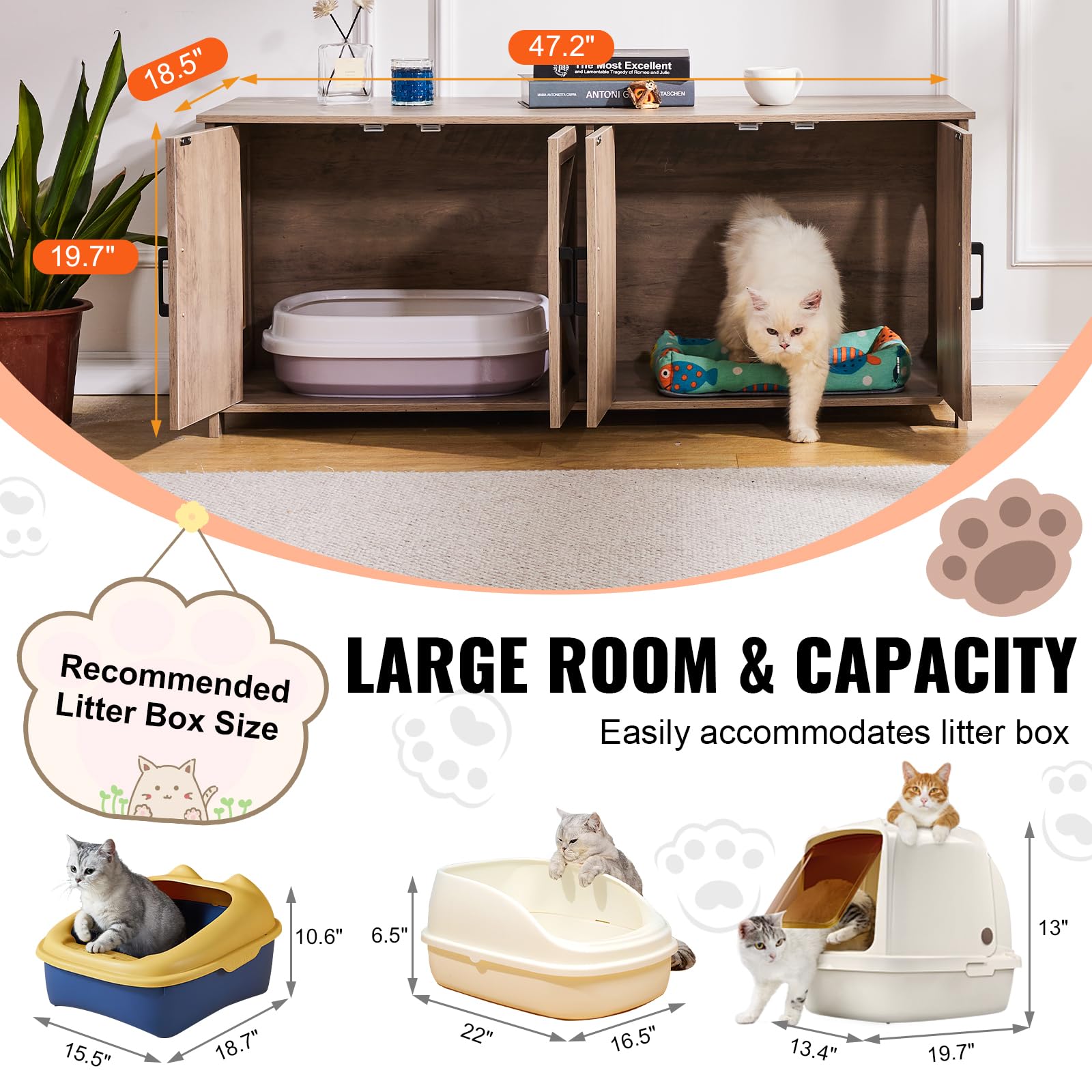 VEVOR Wooden Cat Litter Box Enclosure Cabinet for 2 Cats - Double Room Hidden Litter Box Furniture (47.2
