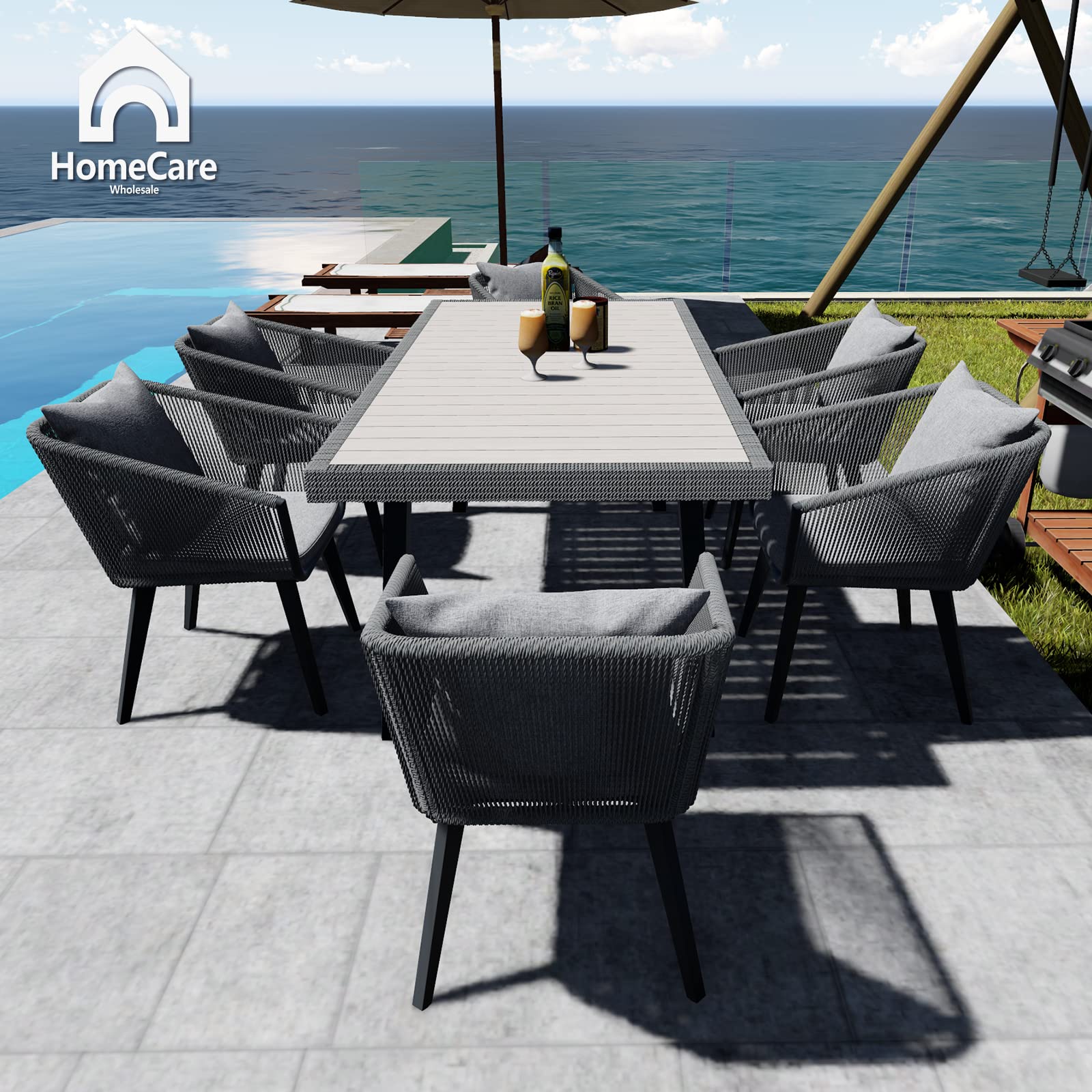 7-Piece All-Weather Patio Dining Set for 6 - Outdoor Wicker Table & Chairs with Cushions & Pillows, Grey - Perfect for Backyard BBQs, Garden Parties & Poolside Entertaining