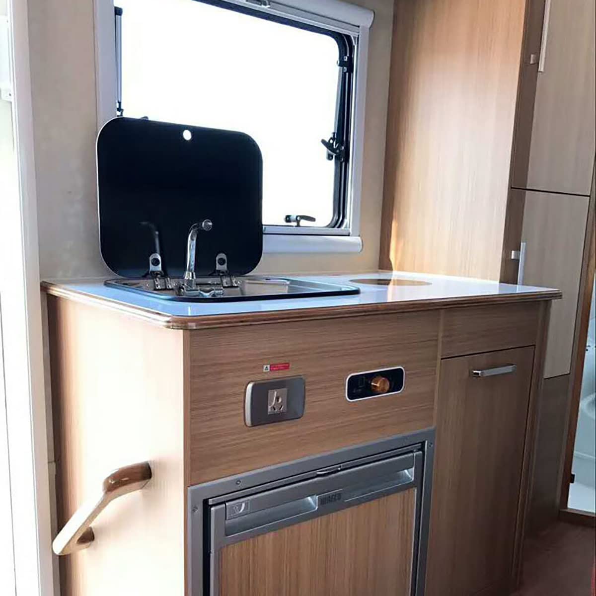 **Stainless Steel RV Sink with Folding Lid & Tempered Glass Cover - Kitchen Sink Faucet for RV, Caravan, Boat, or Bar - Perfect for Compact Spaces & Outdoor Hand Washing**
