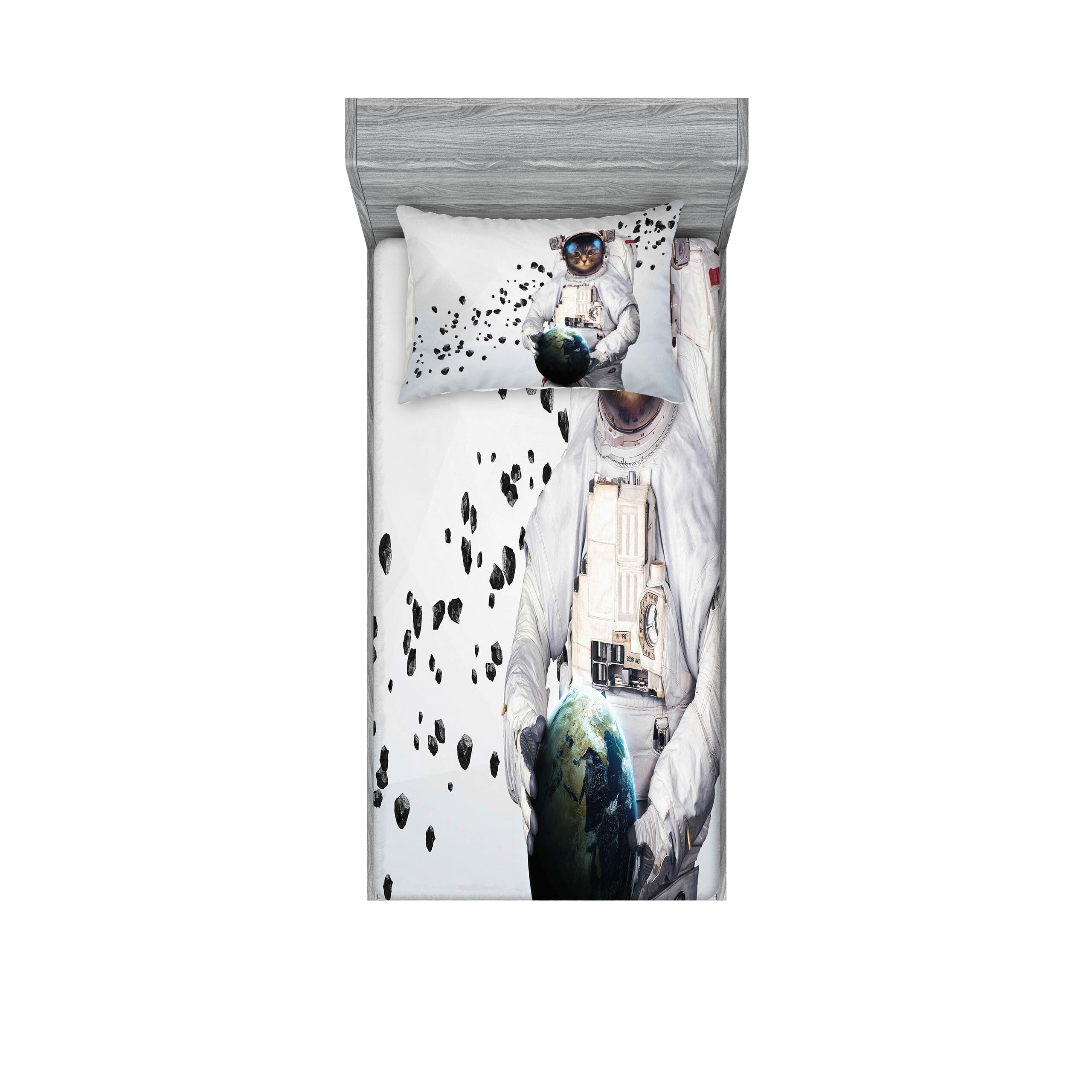 Ambesonne Space Cat Fitted Sheet & Pillow Sham Set - Astronaut Kitten in Space Suit Holding Planet with Galaxy Print - 2 Piece Twin Size Bedding Set in White, Black & Blue - Perfect for Kids' Rooms, Space Themed Decor & Gift Ideas