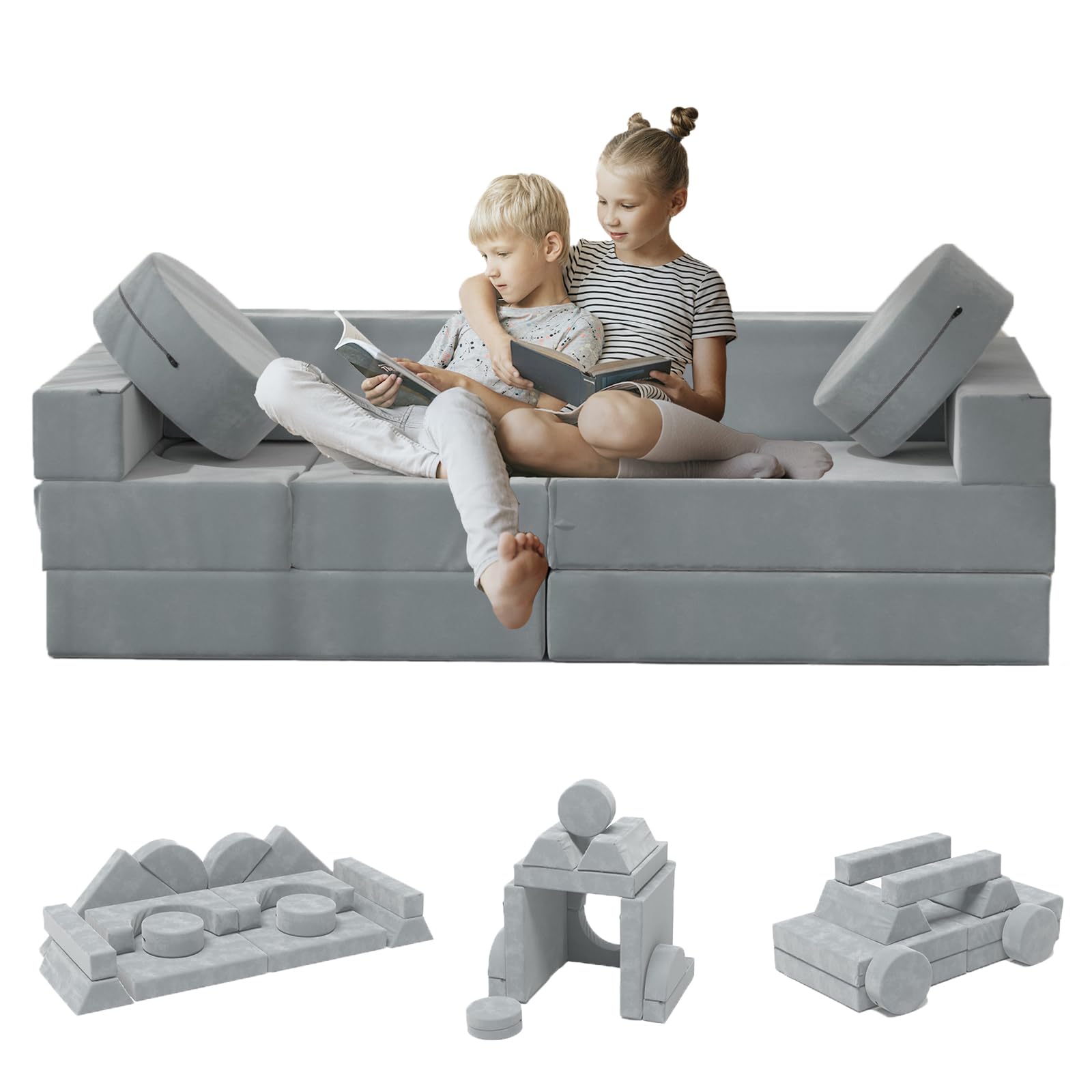67i Modular Kids Play Couch - 14-Piece Convertible Foam Sectional Sofa Set for Children's Bedroom & Playroom | Gray | Perfect for Playtime, Reading Nook & Sleepovers