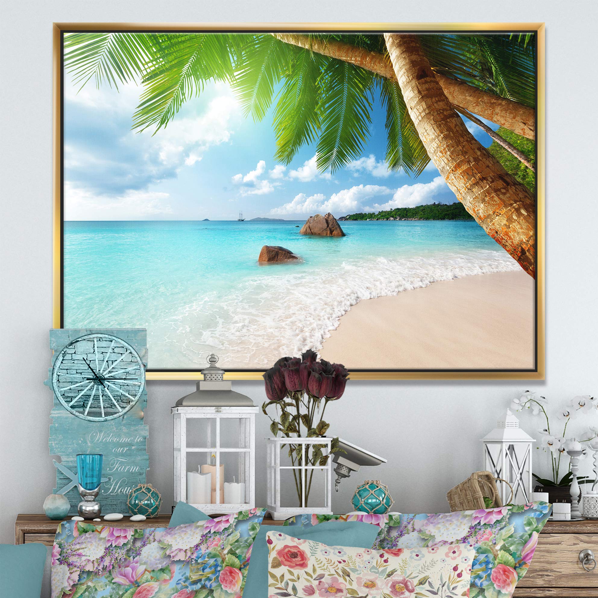 DesignArt Praslin Island Seychelles Beach Seascape Framed Canvas Wall Art Print - Tropical Coastal Decor for Living Room, Bedroom & Office