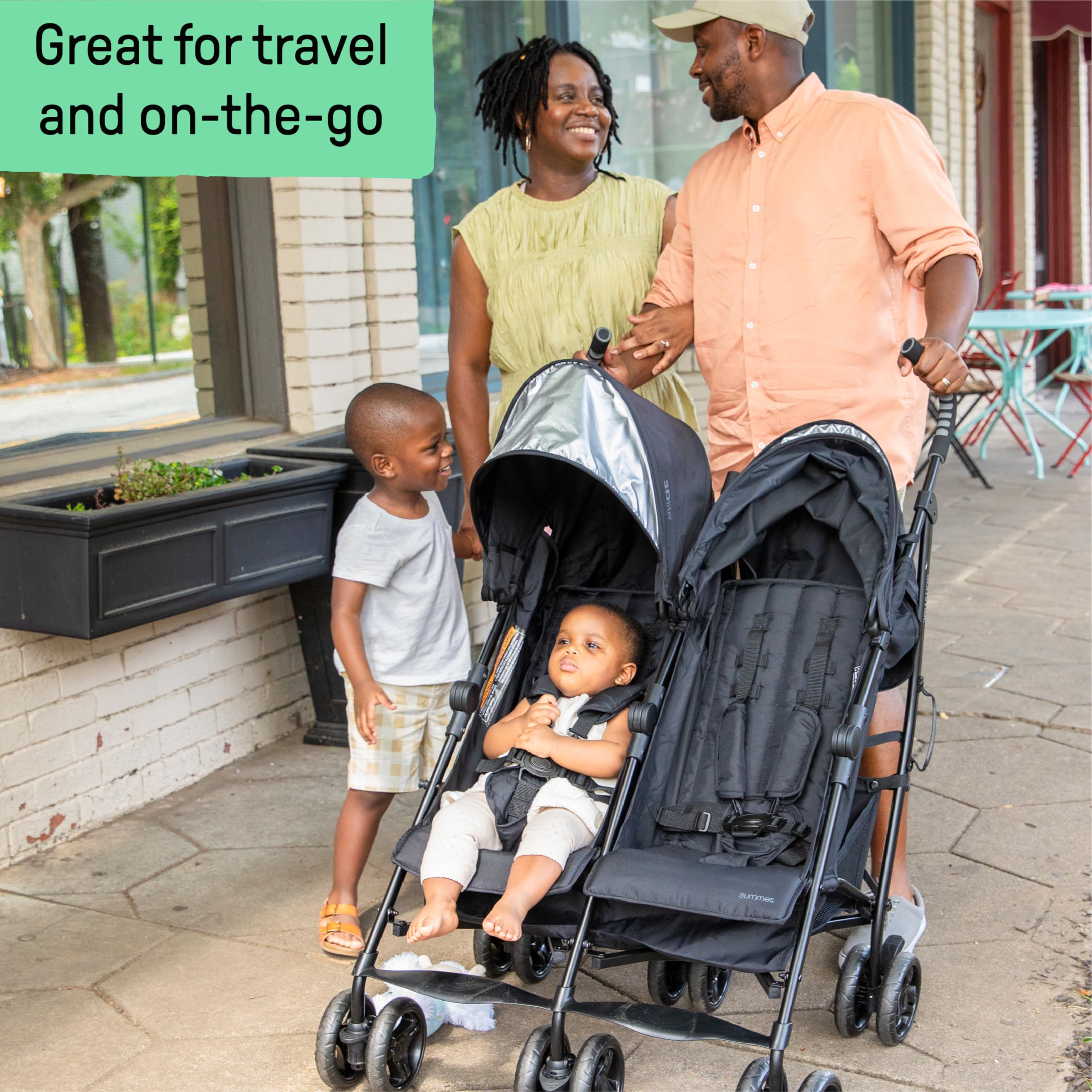Summer Infant 3Dlite Compact Side by Side Double Stroller - Lightweight Foldable Baby Stroller with 5-Point Safety Harness for Twins or Siblings (Black) | Perfect for Travel, Shopping & Daily Walks with Two Kids