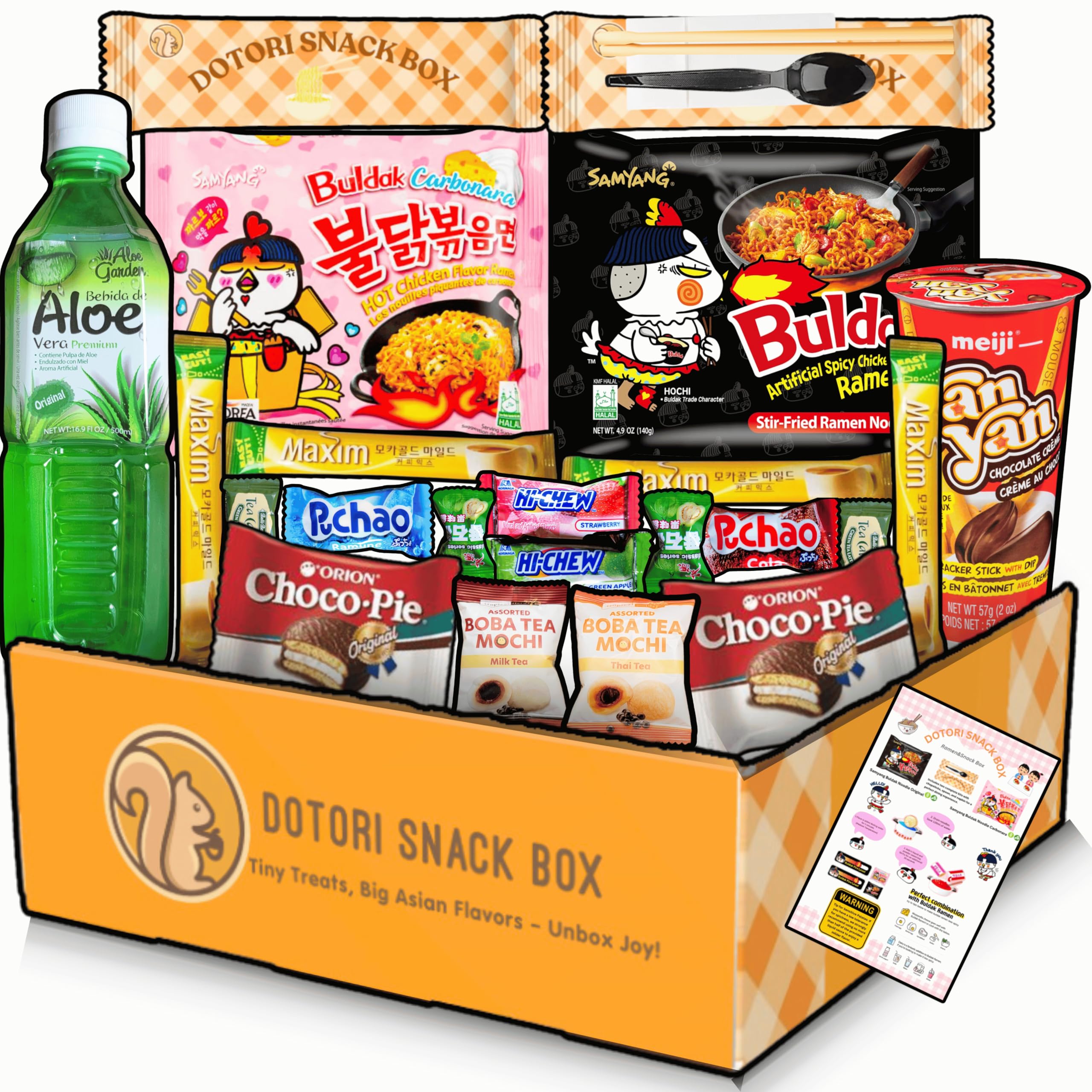 Premium DOTORI Asian Snack Box - Korean Spicy Chicken Noodles (Buldak Original/Carbonara), Exotic International Snacks - Perfect Gift for Friends, Family & Coworkers - Great for Parties, Office Treats & Care Packages