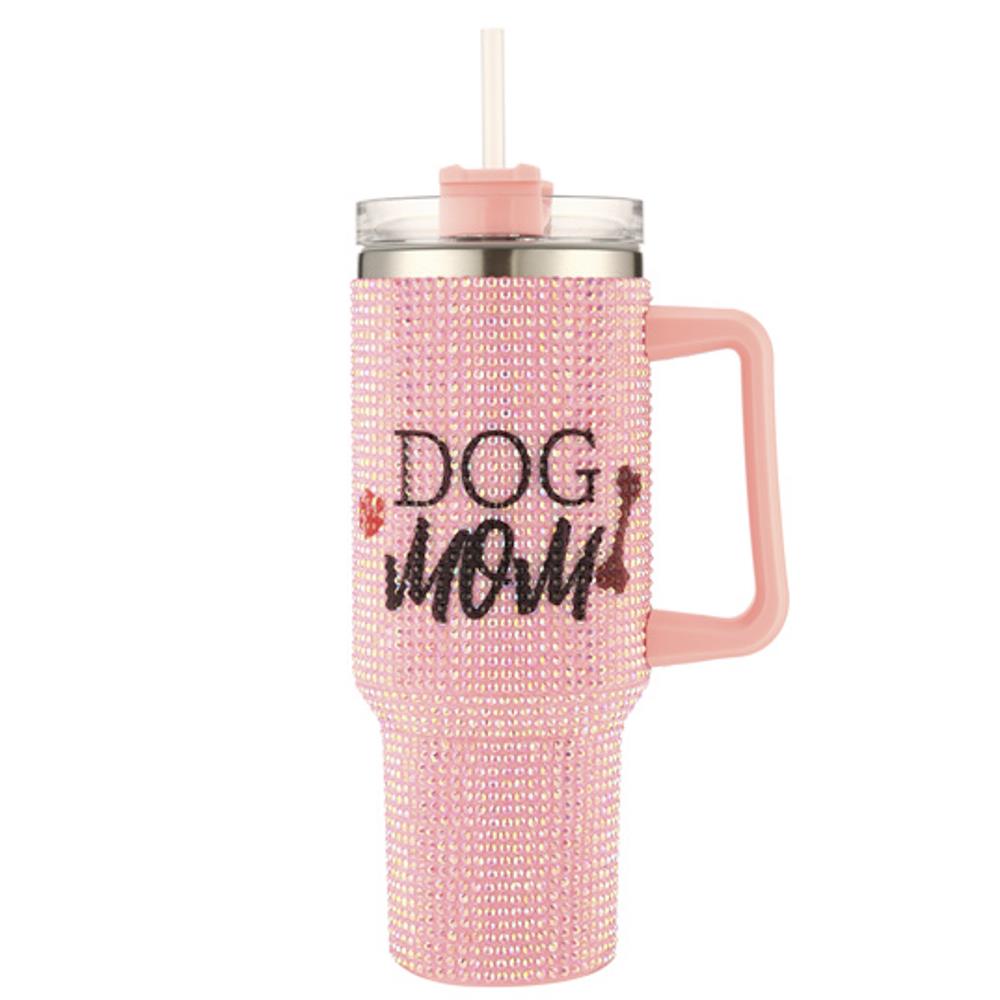 Sparkling Pink Rhinestone 40oz Dog Mom Tumbler with Straw & Lid - Insulated Stainless Steel Travel Mug for Coffee, Tea & Water - Perfect Gift for Dog Lovers, Pet Owners & Women (Use at Home, Office, Gym or Outdoor Adventures)