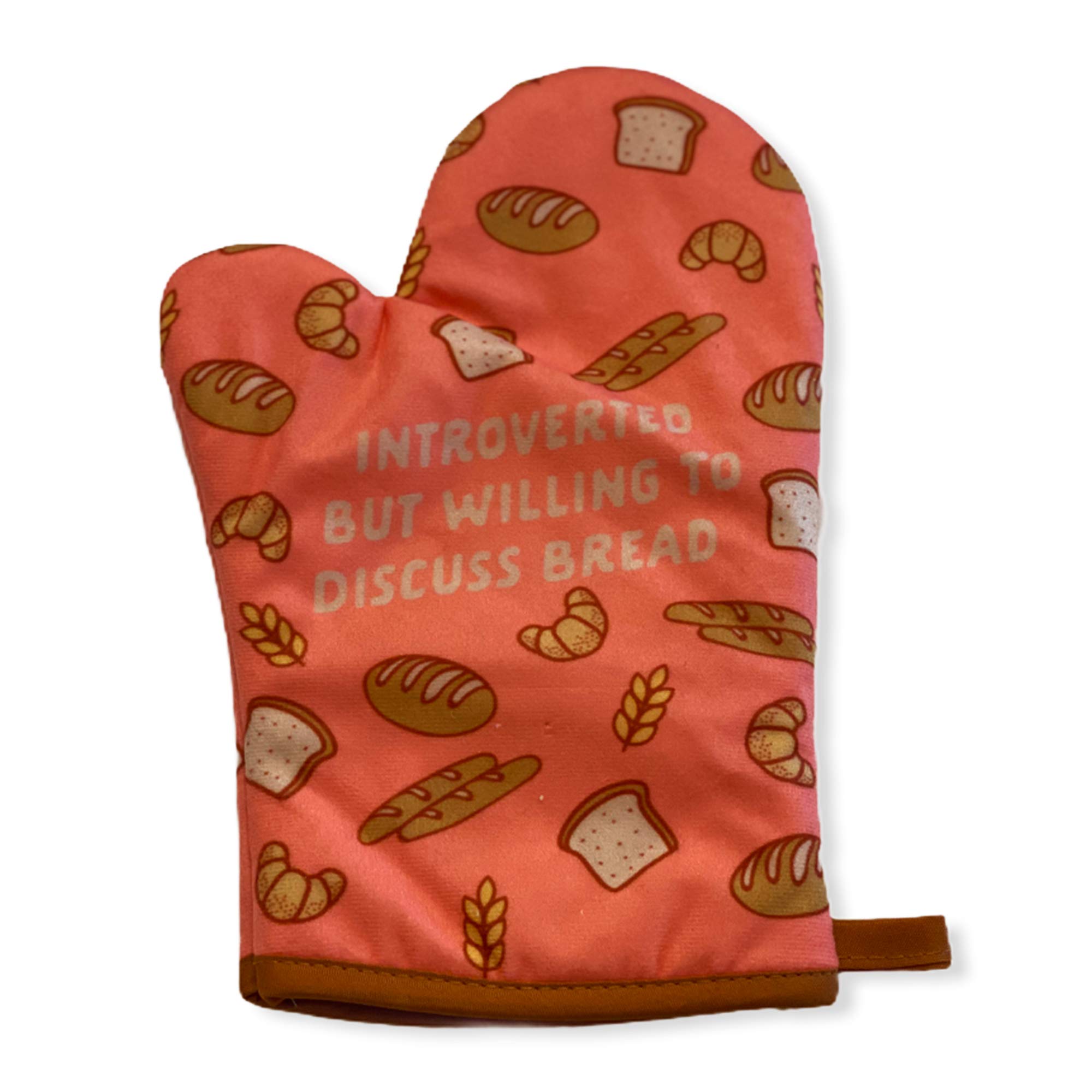 Funny Baking Graphic Novelty Oven Mitt - Introverted But Willing to Discuss Bread Design - Orange Kitchen Gloves for Cooking, Baking & BBQ - Perfect Gift for Bakers & Food Lovers