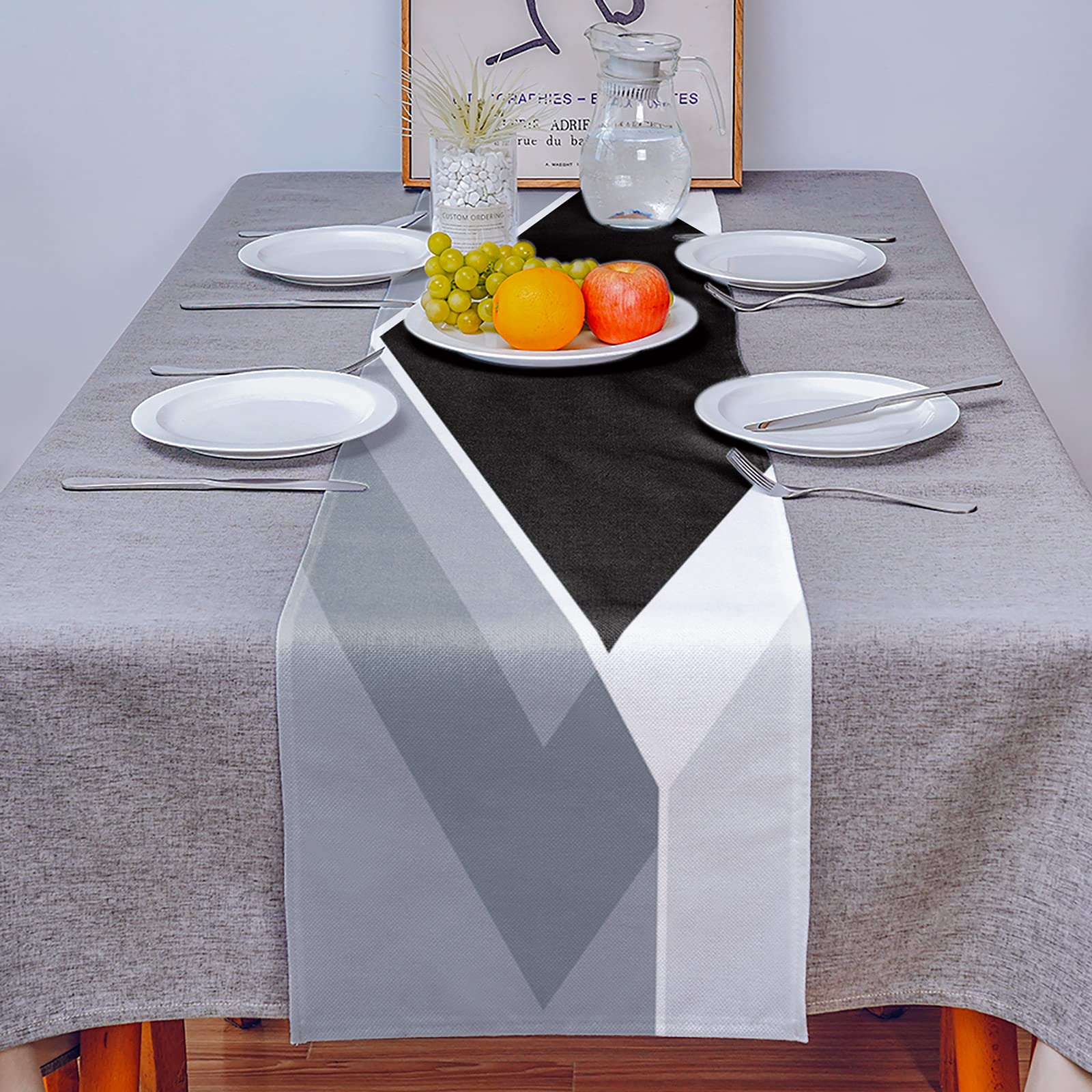 72 Inch Grey Abstract Geometric Burlap Linen Table Runner - Modern Farmhouse Decor for Kitchen, Dining Table, Dresser & Coffee Table | Perfect for Weddings, Parties & Banquets