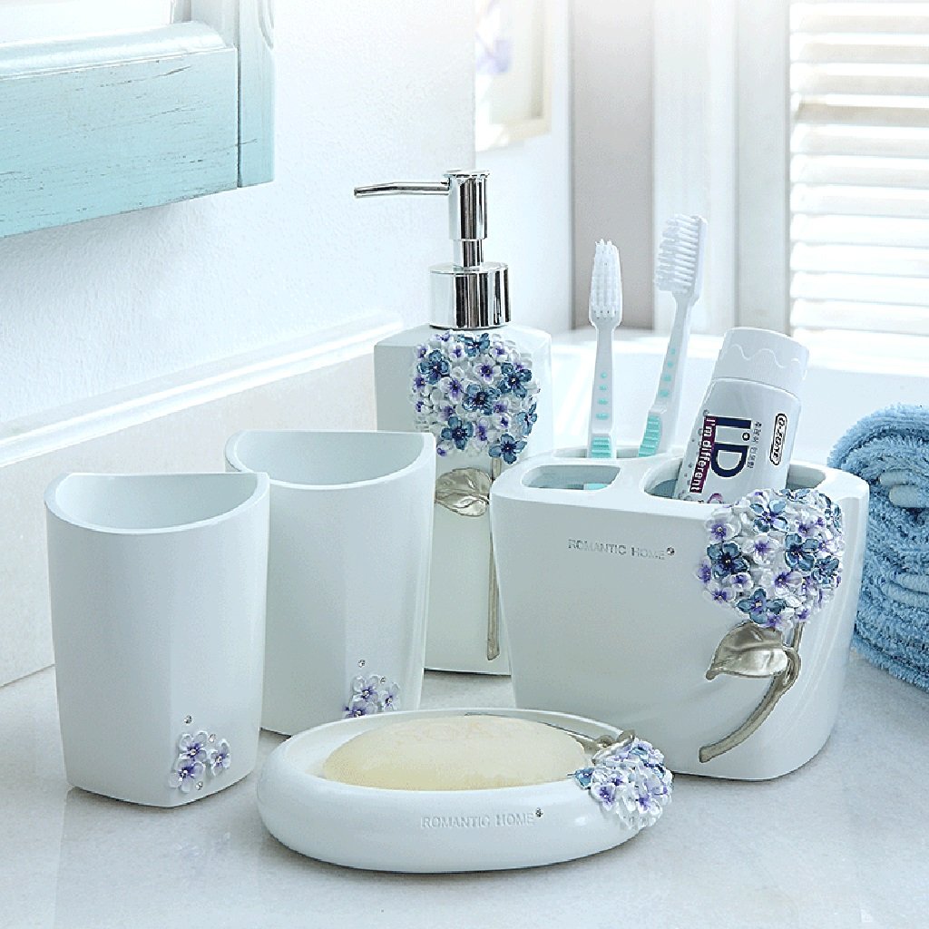 Hand-Carved Hydrangea Bathroom Accessory Set - 5 Piece Resin Soap Dispenser, Toothbrush Holder, Tumbler & Soap Dish | Elegant Floral Decor for Modern Bathrooms, Guest Powder Rooms & Spa-Style Vanities