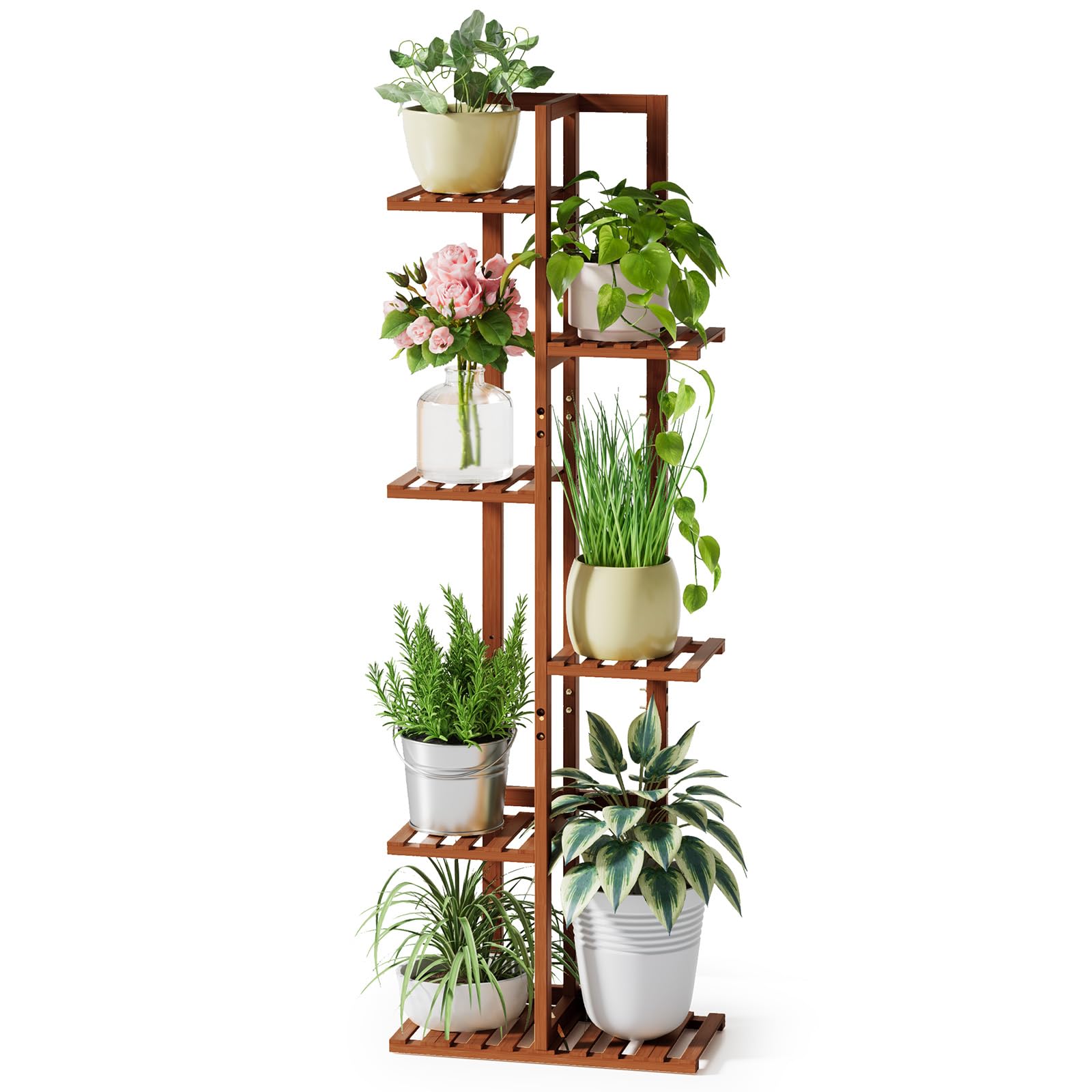 6 Tier Bamboo Plant Stand Indoor - 48 Inch Tall Corner Shelf for 7 Potted Plants | Multi-Level Plant Holder for Living Room, Bedroom, Balcony & Office Decor | Sturdy Brown Planter Display Stand for Indoor Greenery