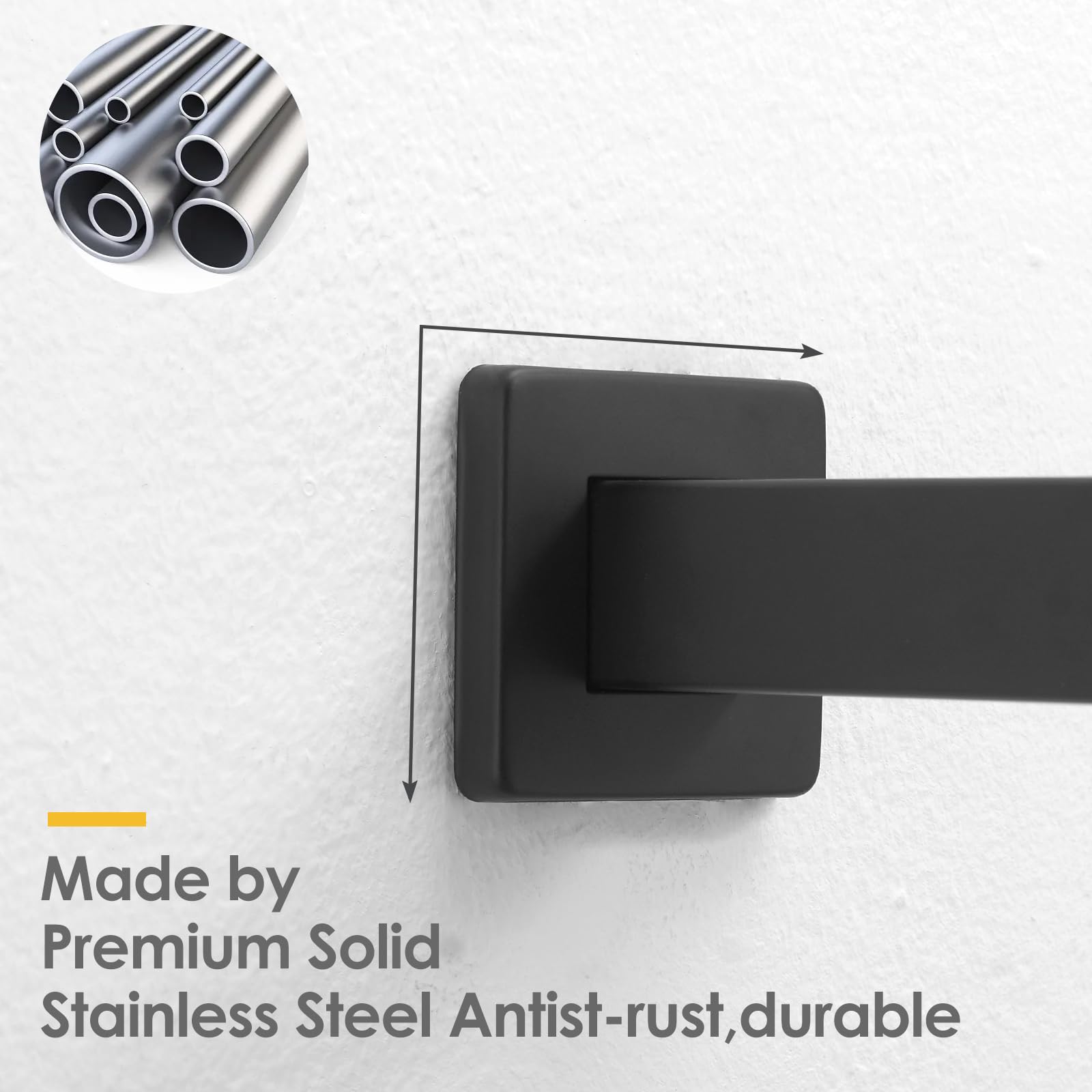 BESy 20 Inch Straight Extended Shower Arm with Flange - Matte Black Stainless Steel Wall Mounted Rain Shower Head Extension Arm for Square Shower Rod - Perfect for Modern Bathroom Renovation & Spa-Like Shower Experience