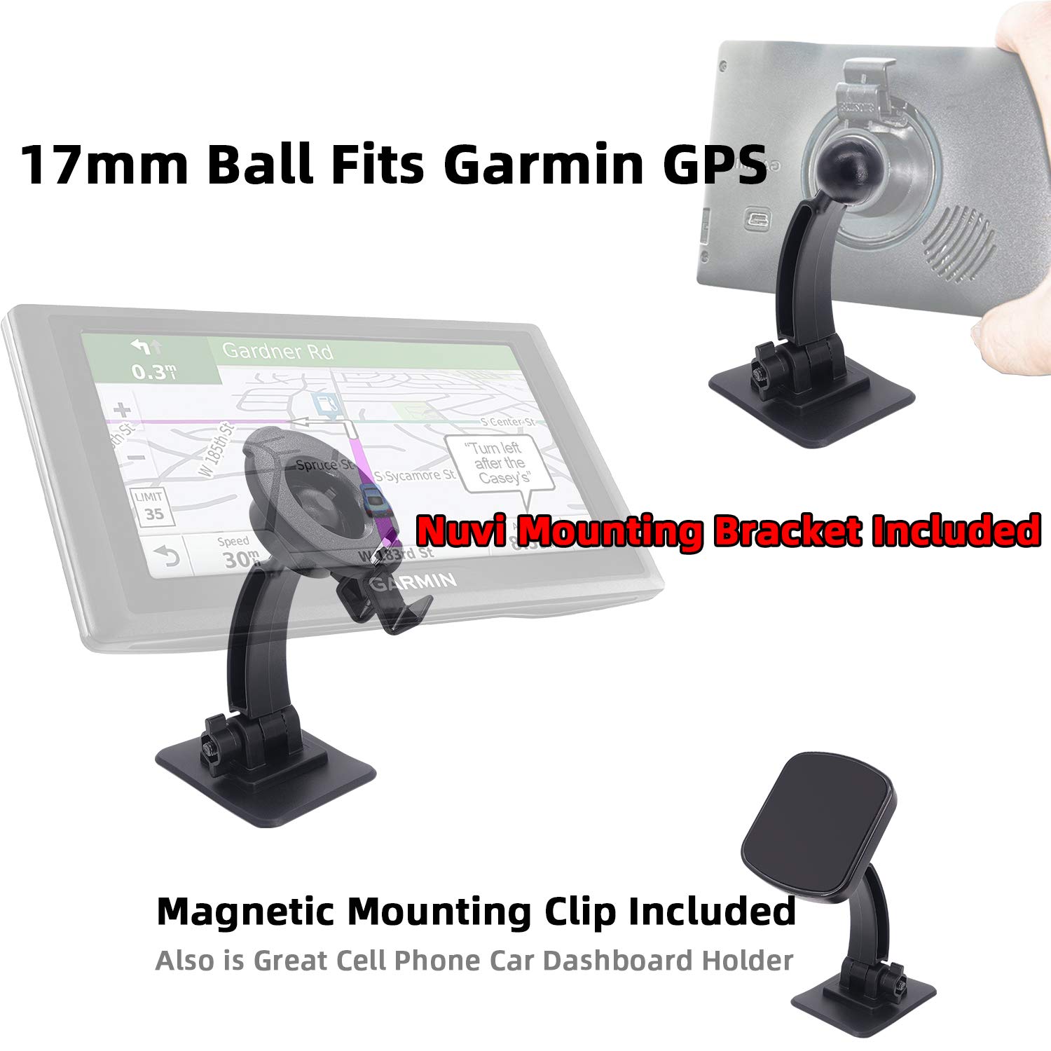 iSaddle 17mm Sticky Adhesive Mount Holder for Garmin GPS & Smartphones - Universal Car Windshield & Dashboard Mount with Flexible Base for Garmin Nuvi GPS Navigator & Magnetic Phone Holder - Perfect for Road Trips, Commuting & Navigation