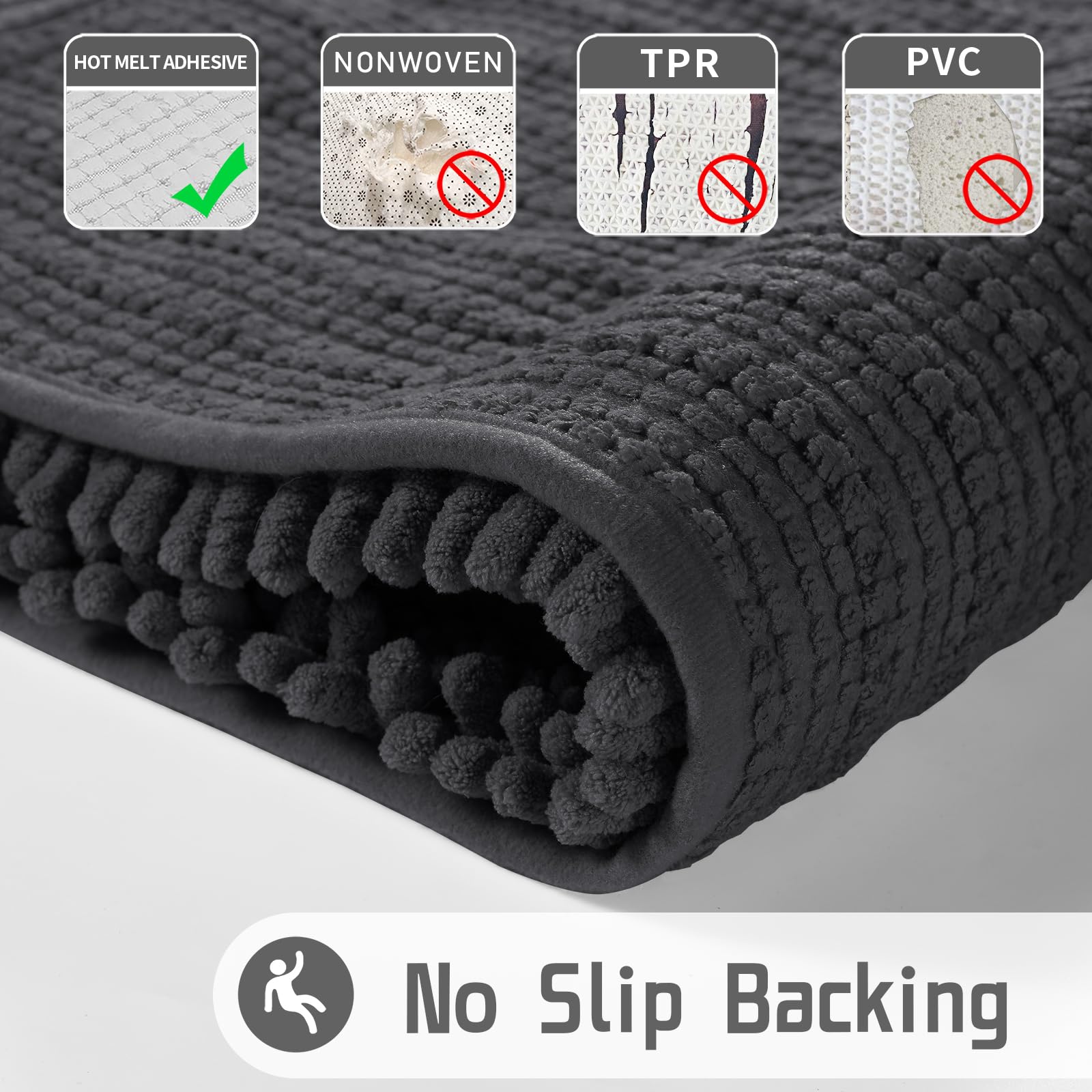 Yimobra Soft Shaggy Bath Mat 36.2 x 24 Inches - Non-Slip, Super Absorbent, Quick Dry Bathroom Rug for Shower & Floor - Machine Washable, Thick Plush Bath Mat for Comfort & Safety - Dark Gray - Perfect for Bathrooms, Showers & Spa Areas