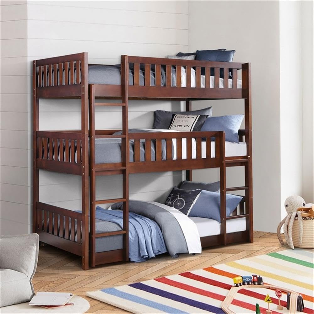 Lexicon Rowe Transitional Wood Triple Bunk Bed in Dark Cherry - Space-Saving Kids Bedroom Furniture for Siblings or Sleepovers - Perfect for Small Rooms, Vacation Homes & Shared Bedrooms