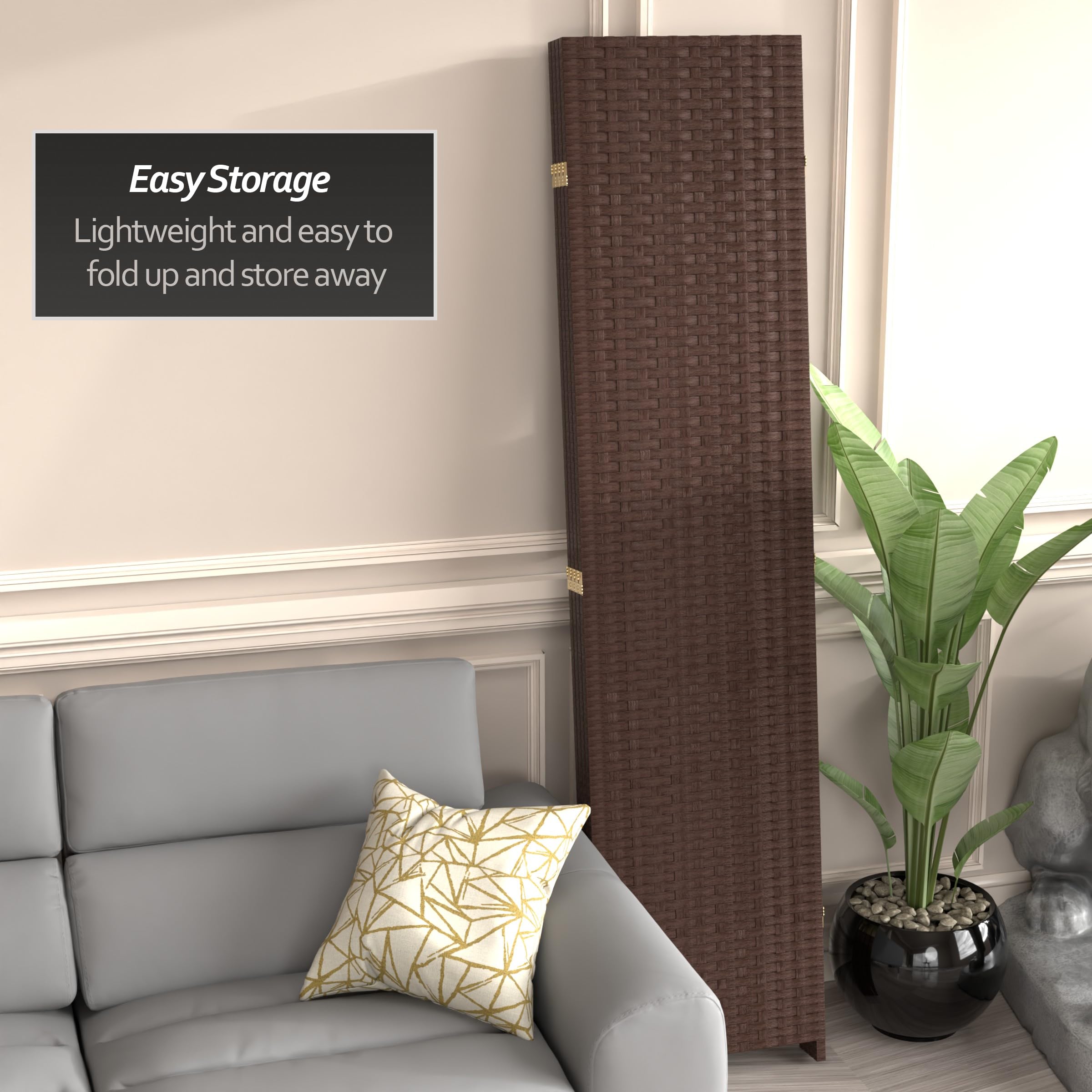 7 ft Tall Woven Fiber Red Lantern Room Divider - Dark Mocha 4 Panel Folding Screen for Home Decor, Office Partition & Asian-Themed Events