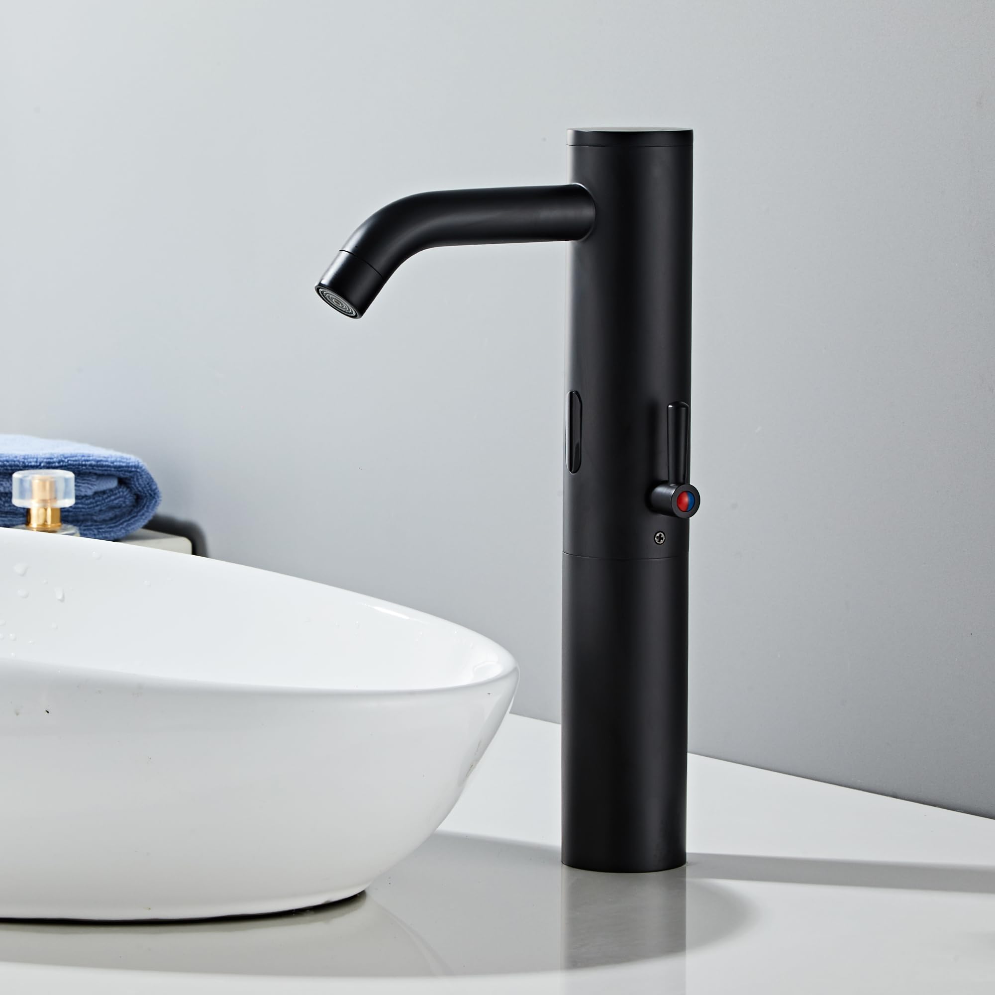Matt Black Touchless Bathroom Vanity Faucet - Tall Automatic Motion Sensor Faucet with Temperature Control Rod | Hands-Free Sink Mixer for Modern Bathrooms, Kitchens & Public Restrooms