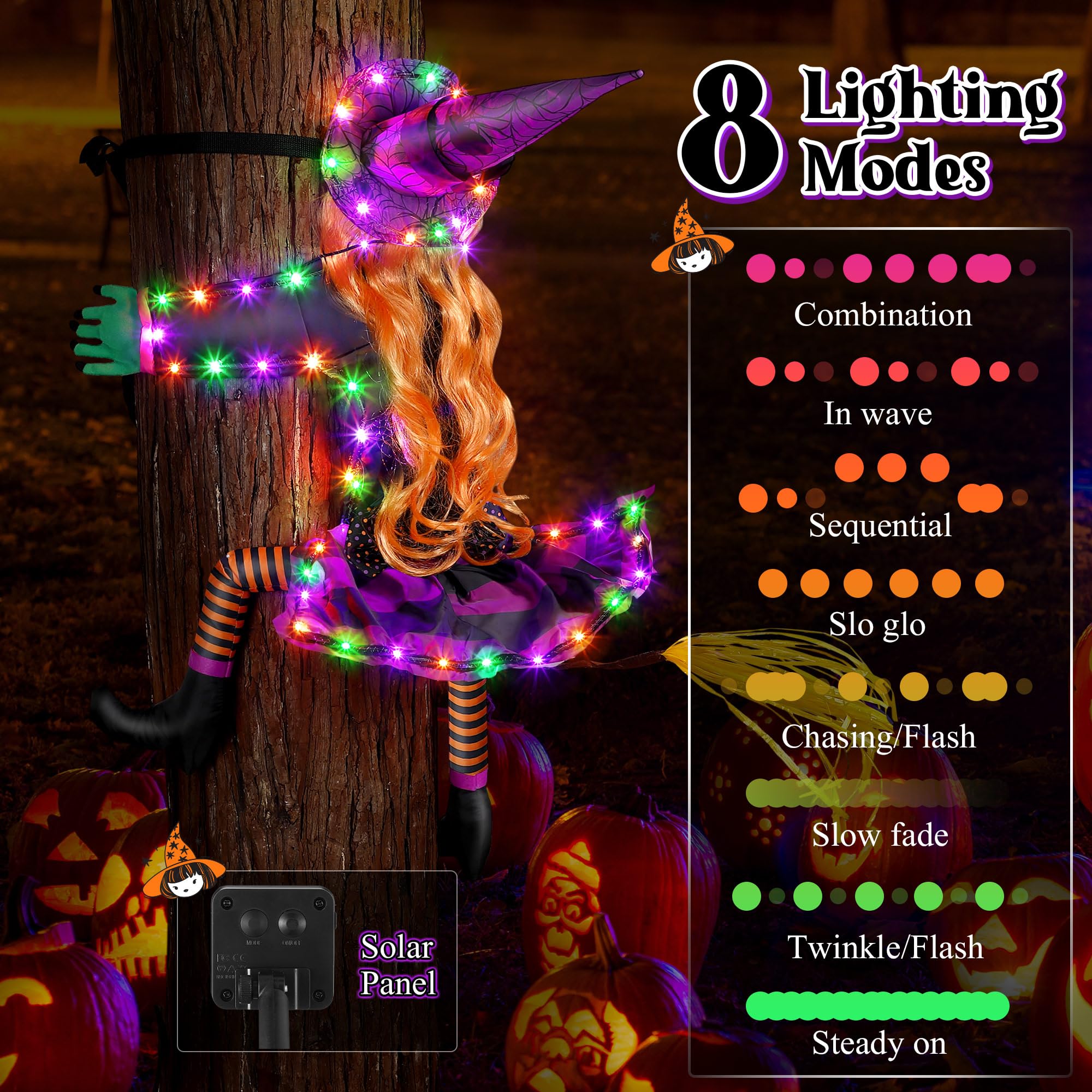 43 Inch Large Solar-Powered Crashed Witch Halloween Decoration with String Lights - Outdoor Porch, Garden, Patio, Pathway Party Decor (Purple, Orange, Green) - Perfect for Spooky Halloween Yard Displays and Themed Parties