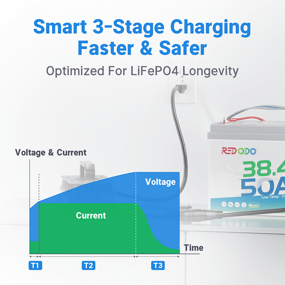 Redodo 43.8V 25A LiFePO4 Battery Charger for 36V(38.4V) Lithium Batteries - Fast Charging for Golf Carts, Solar Systems, and Marine Applications