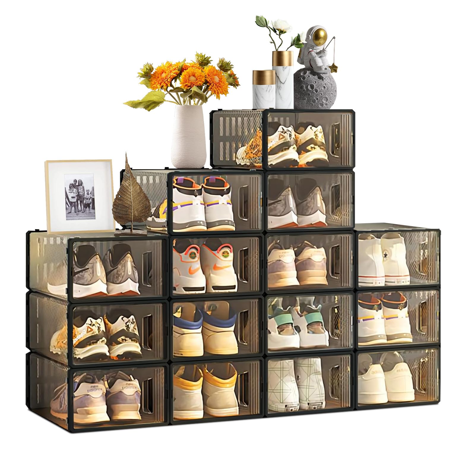 15 Pack Clear Plastic Stackable Shoe Storage Boxes - Large Black Foldable Shoe Organizer for Closet Space Saving, Drawer Substitute | Perfect for Sneakers, Boots & Heels Organization in Bedroom, Dorm & Entryway