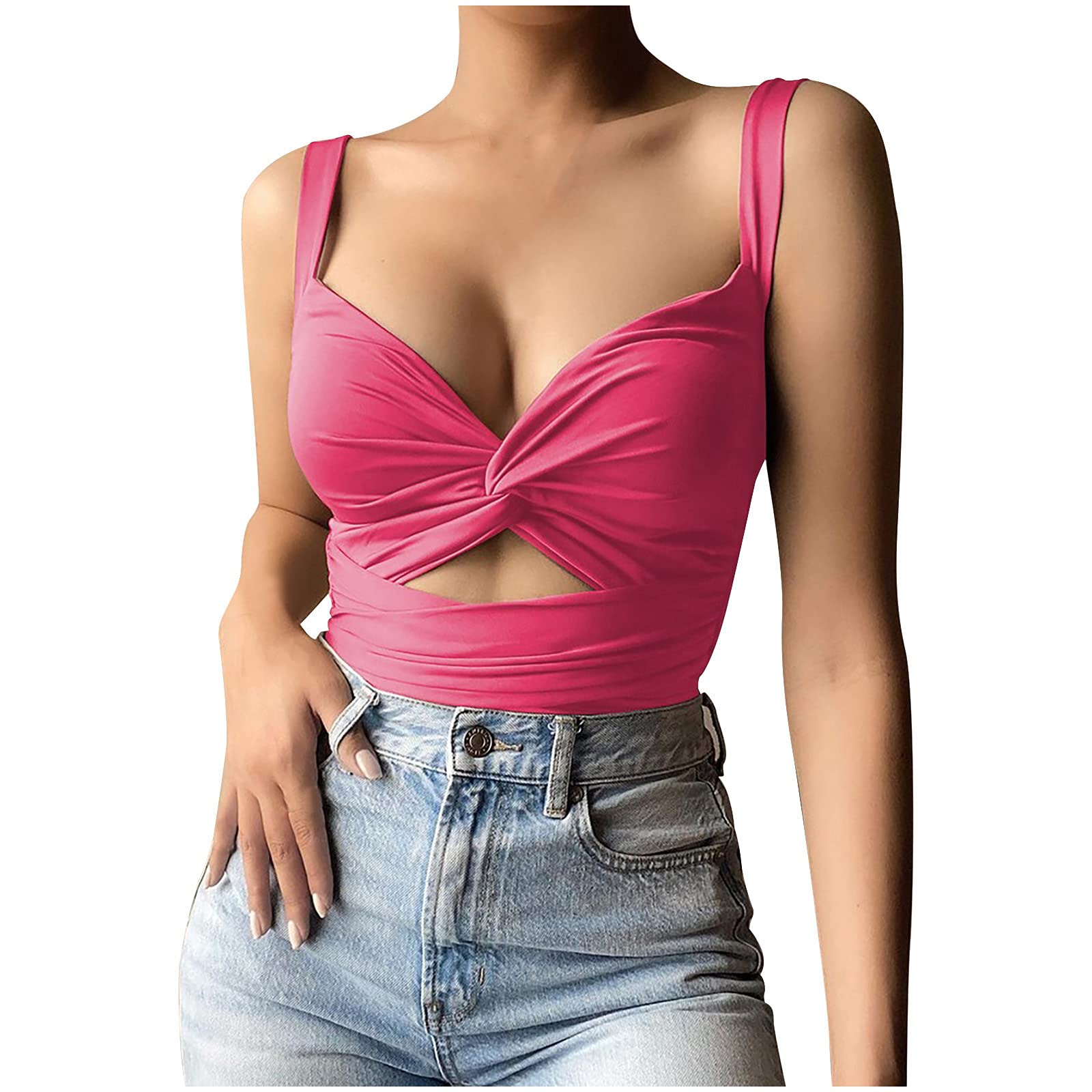 Sexy Black Low Cut Sleeveless Tank Top for Women - Front Twist Knot Y2K Style T-Shirt | Perfect for Summer, Date Nights & Clubwear