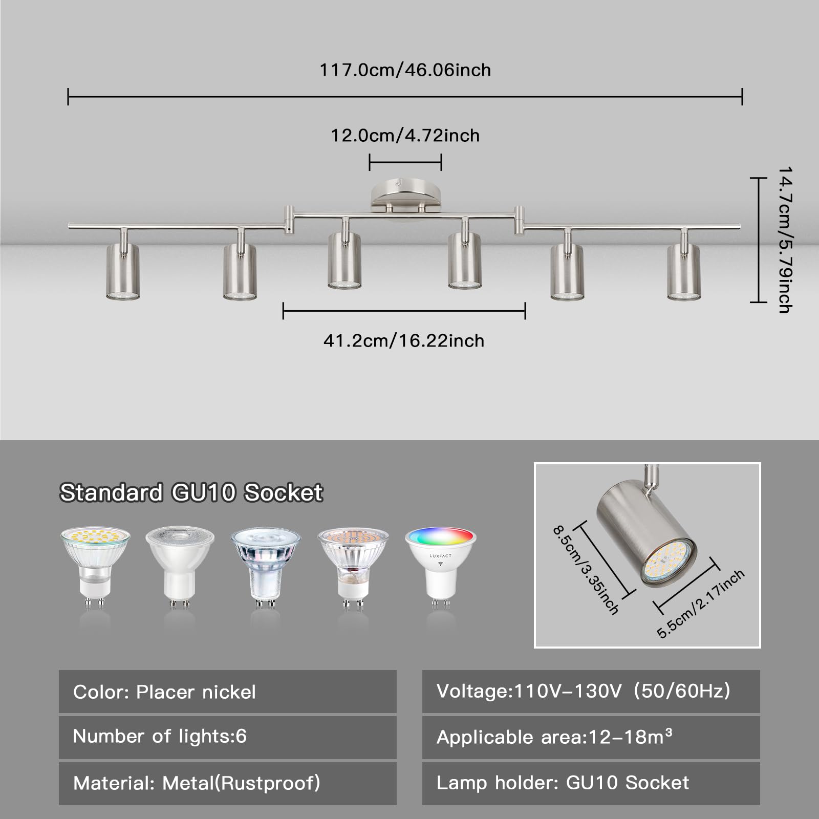 Black Adjustable Track Lighting Fixture with 6 GU10 Nickel Heads - Directional Ceiling Spotlight for Kitchen, Office, Dining Room, Closet & Studio | Modern Home & Commercial Lighting Solution