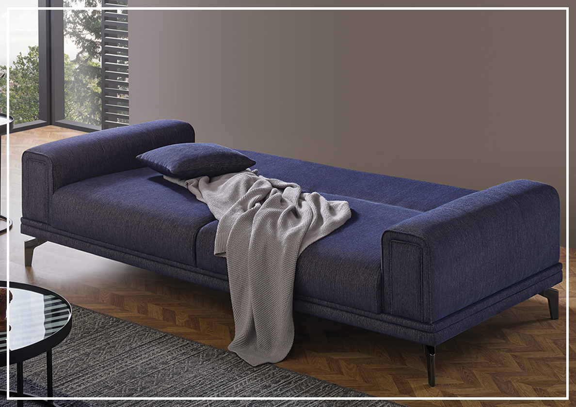 Enza Home Pavia 3-Seater Convertible Sofa Bed in Navy Blue Fabric with Track Arms - Perfect for Small Spaces, Guest Rooms & Apartments