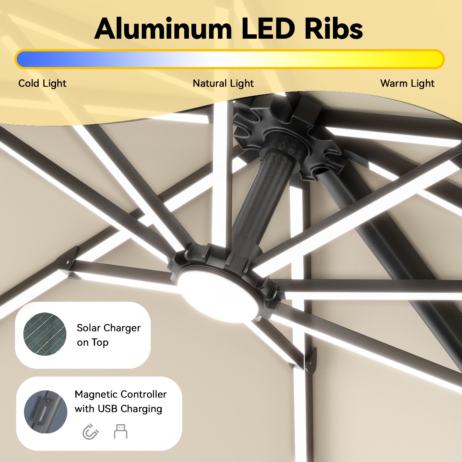 EROMMY 10x10 FT Outdoor Patio Umbrella with LED Lights - Waterproof & UV Resistant - Beige Color for Backyard, Poolside, and Beach Use