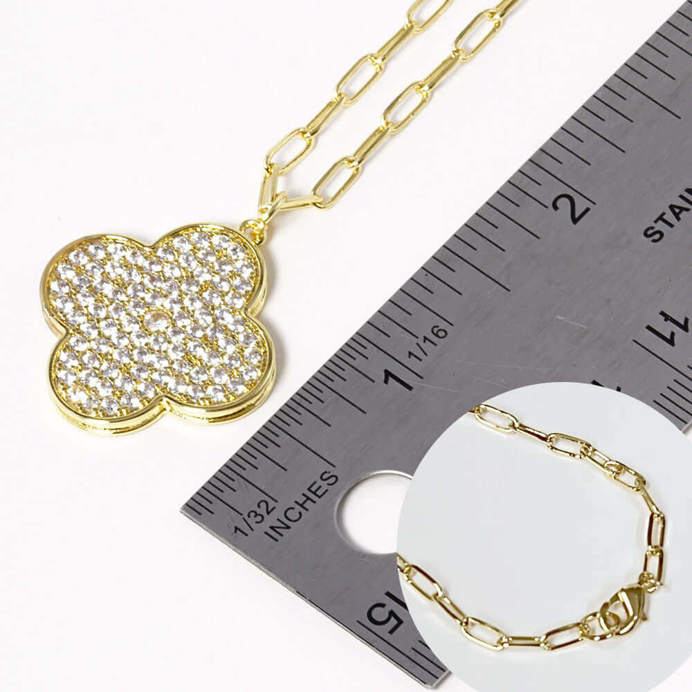 Elegant Clear Gold Dipped Stone Paved Quatrefoil Pendant Necklace for Women - Perfect for Weddings, Parties & Special Occasions