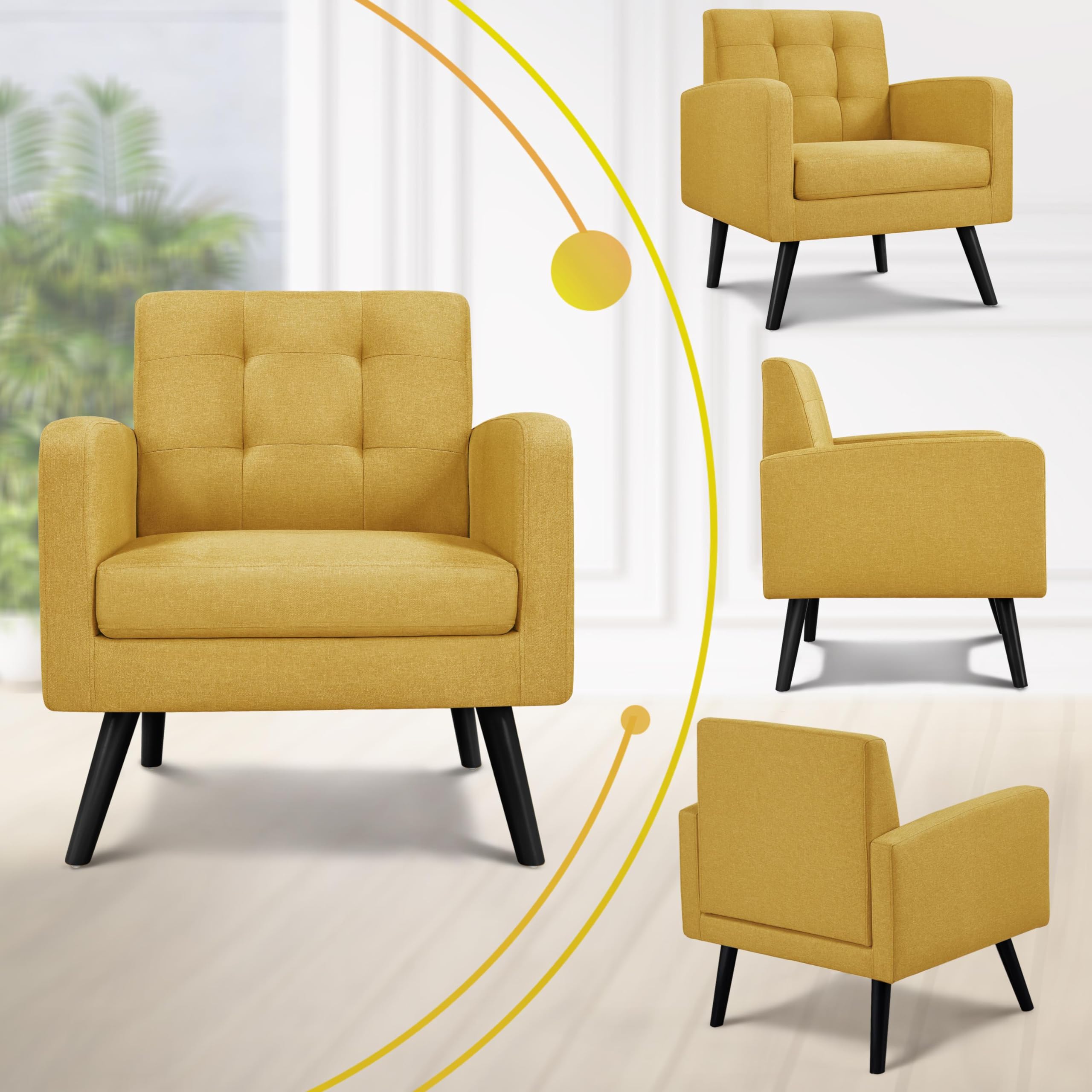 Yaheetech Mid-Century Modern Accent Chairs Set of 2 - Upholstered Living Room Armchairs with Button Tufted Back & Wooden Legs, Yellow - Perfect for Bedroom, Office, Cafe & Lounge Decor