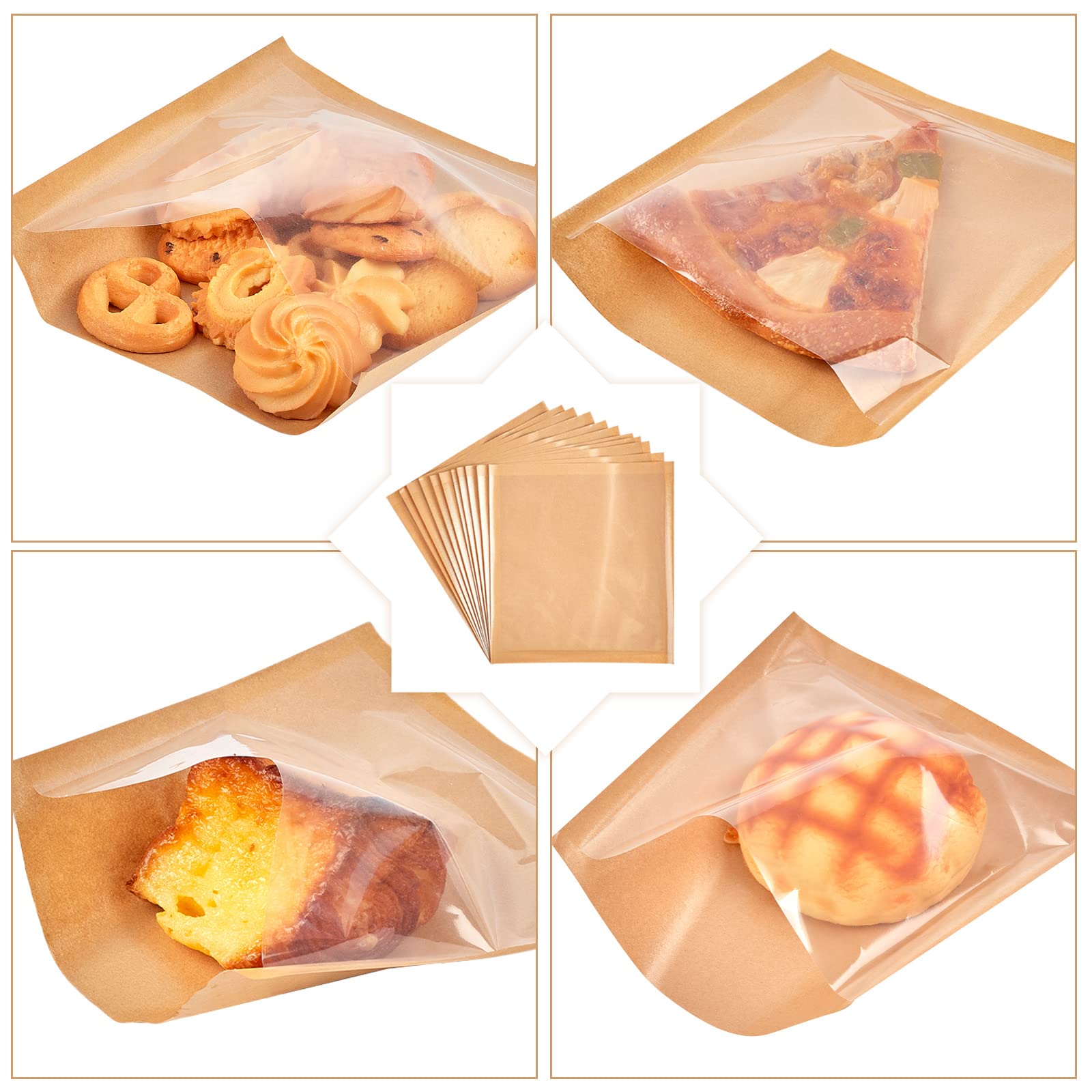 200 Pack Heat Sealable Bakery Bags with Window - 7.1x7.5 Inch Kraft Paper Grease Resistant Cookie Bags for Donuts, Pastries, Muffins & Treats | Ideal for Bakeries, Cafes, Food Trucks & Home Baking