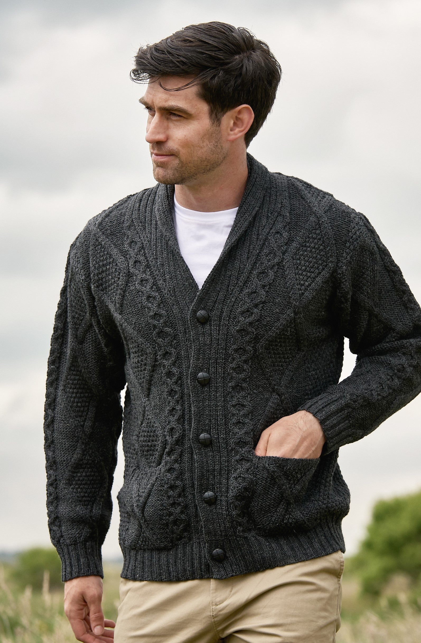 Aran Shawl Collar Cardigan Sweater for Women - Irish Knit Wool Pullover (Beige, Navy) - Perfect for Fall Winter Outfits, Office Wear & Cozy Nights