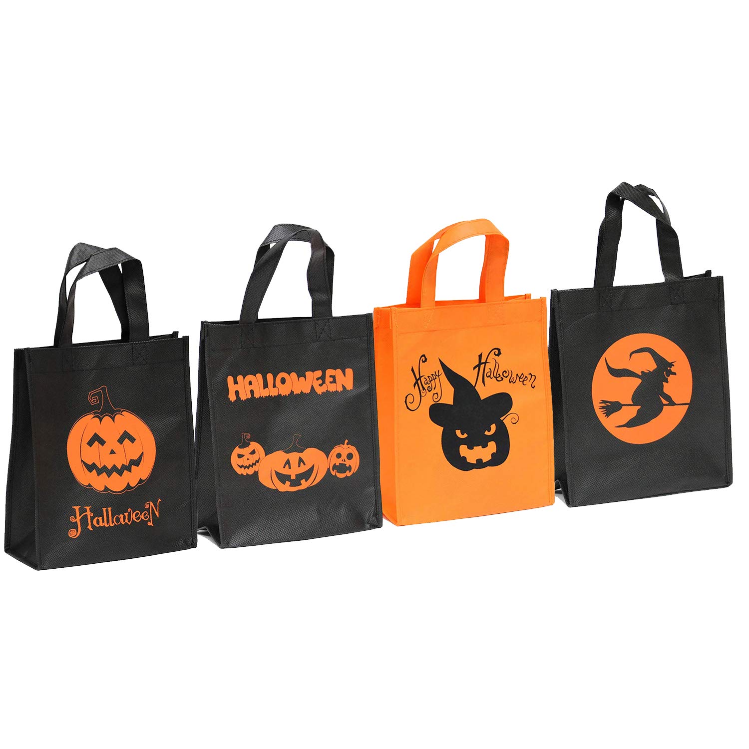 100 Pack Heavy Duty Reusable Non-Woven Grocery Tote Bags - 4 Halloween Designs for Trick or Treat Candy, Large Eco-Friendly Shopping & Gift Bags | Perfect for Halloween Parties, Grocery Shopping, Retail Packaging & Sustainable Gift Giving