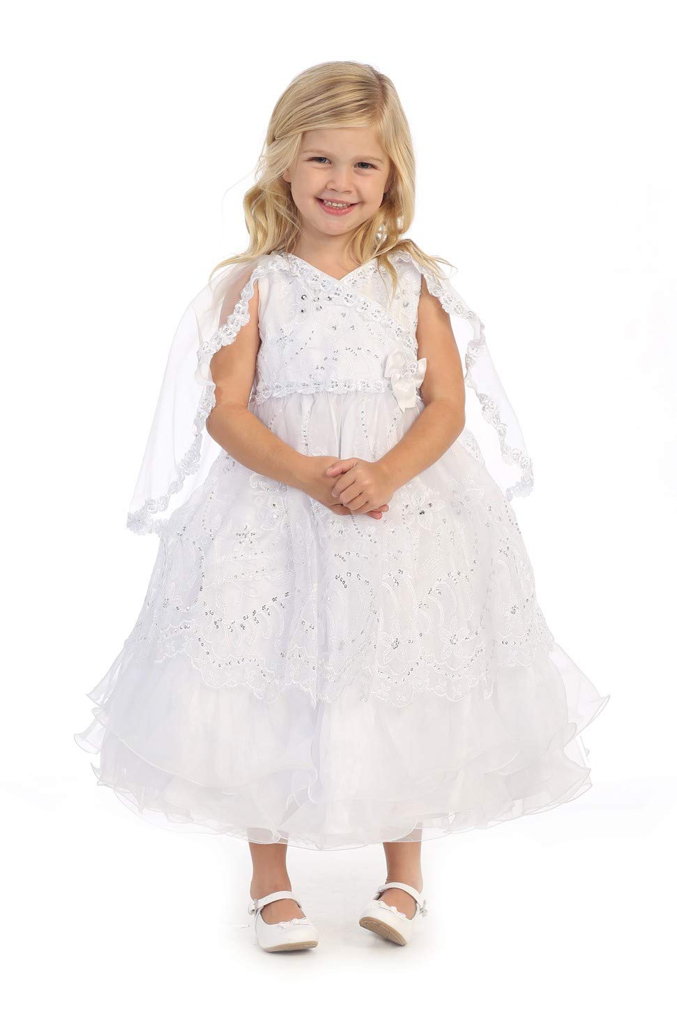 Little Girls White Organza Ruffles Christening Dress - Size 5 | Elegant Baptism Gown for Baby Girls | Perfect for Christenings, First Communions & Special Occasions