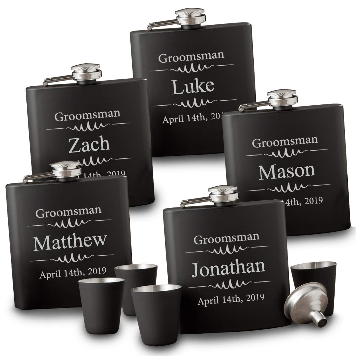 Personalized Stainless Steel Flask and Shot Glass Gift Set for Men - 5 Flasks & 4 Shot Glasses - Modern Black Design - Perfect for Groomsmen Gifts, Bachelor Party Favors, Wedding Proposals & Man Cave Decor