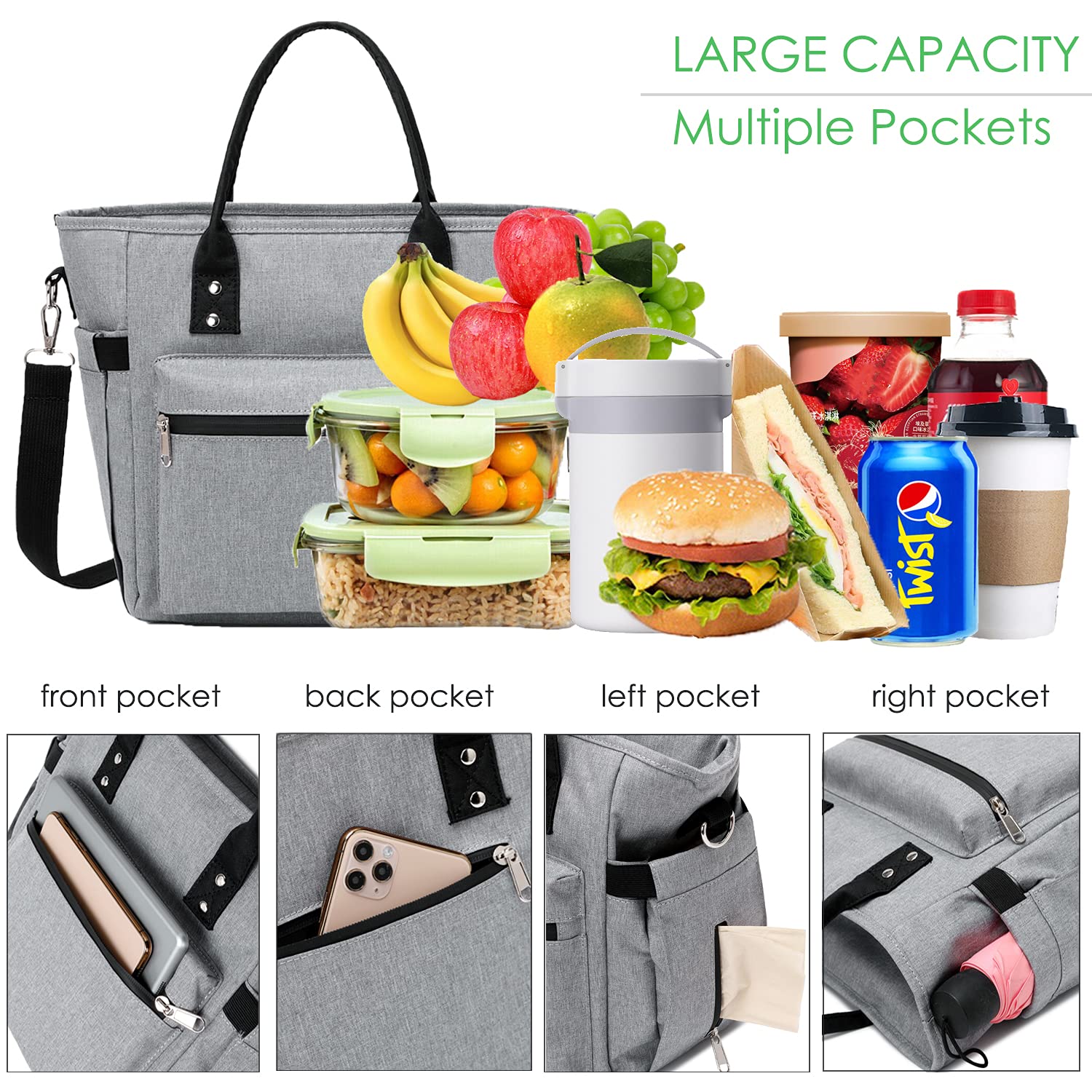 Insulated Lunch Bag for Women - Large Reusable Lunch Tote for Work, Office, Picnic & Outdoor Camping | Thermal Food Carrier with Handle | Grey Lunch Box for Adults (Perfect for Meal Prep & Daily Commute)