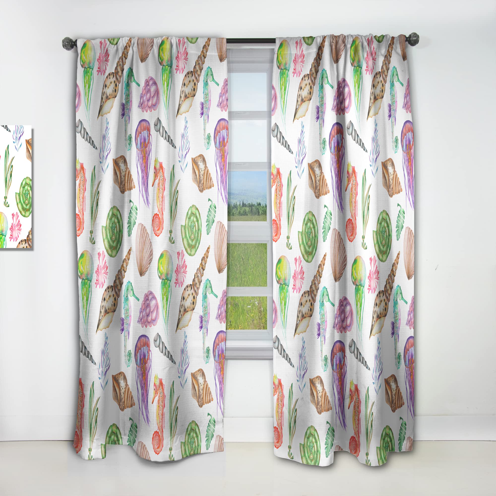 DesignQ Thermal Insulated Blackout Curtains - Seahorses Jellyfish Shells & Seaweed Ocean Theme - 52x63 Inch Single Panel for Bedroom & Living Room - Perfect for Coastal Decor, Kids Room & Beach House Style