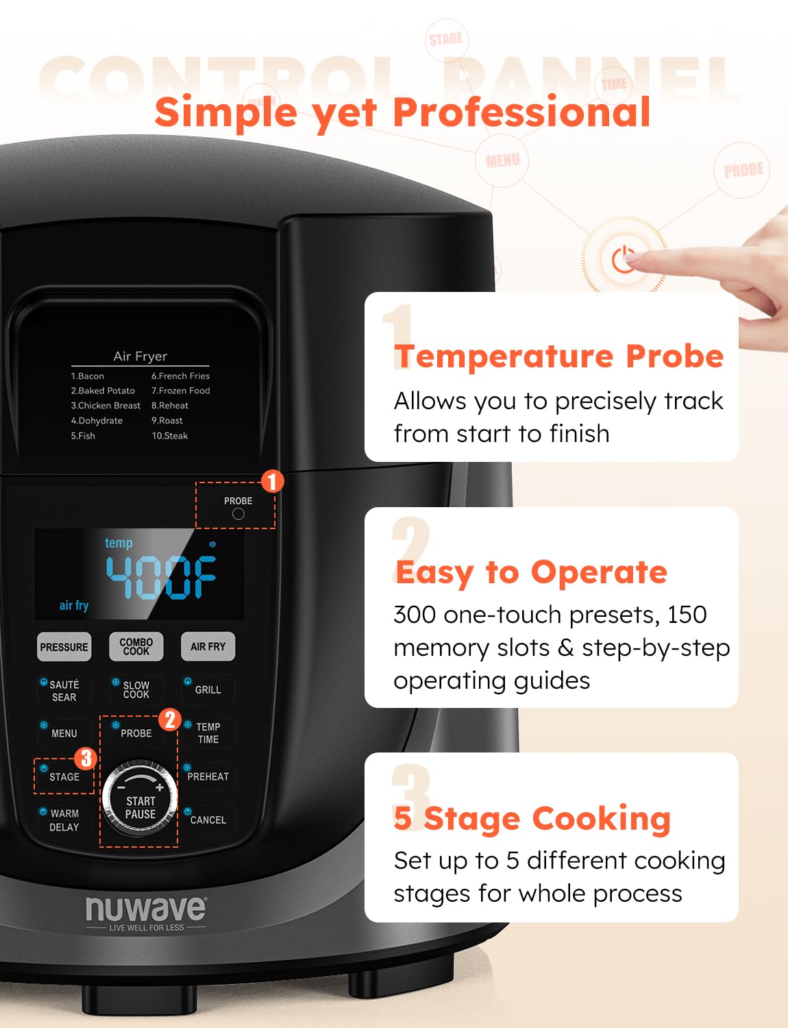 Nuwave Duet 6-Quart Electric Pressure Cooker and Air Fryer Combo - 450-in-1 Multi-Cooker with Slow Cooker, Grill & Digital Temperature Probe | Adjustable High/Low Pressure | Stainless Steel Pot | Built-in Sure-Lock Safety Technology | Perfect for Meal Prep, Family Dinners & Healthy Air Frying