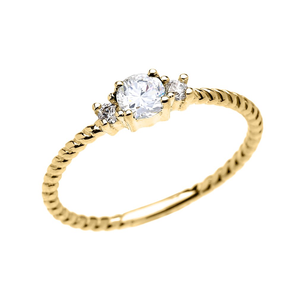 14K Yellow Gold Dainty Solitaire White Topaz Rope Design Stackable Ring for Women - Elegant Promise, Engagement & Wedding Band - Perfect for Proposals, Anniversaries & Everyday Wear