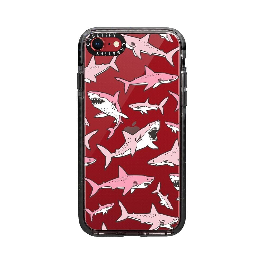 CASETiFY Impact Case for iPhone SE (2020/2022) & iPhone 7/8 - Shockproof Protective Phone Cover with Pink Sharks Design - Clear Black Case for Everyday Protection & Style