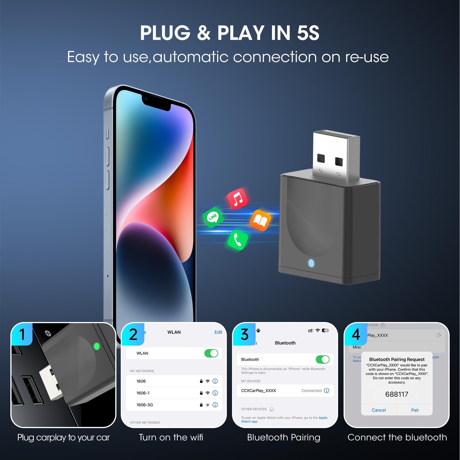 Wireless CarPlay Adapter for iPhone - Bluetooth 5.3 & WiFi 5.8GHz - Plug & Play Mini USB Dongle - Stable Fast Connection - Convert Wired to Wireless CarPlay - Perfect for Commuting, Road Trips & Daily Driving