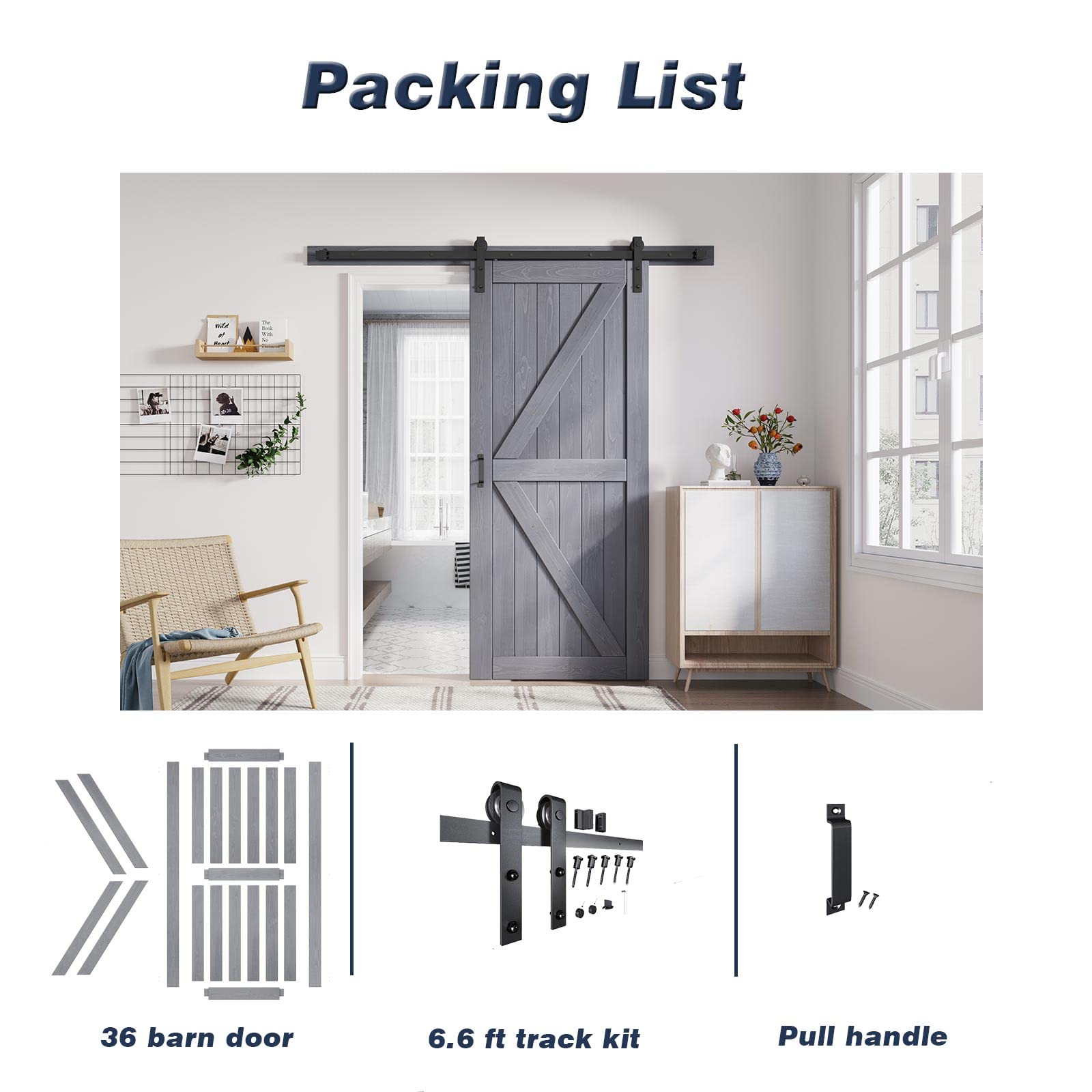 FREDBECK 36x84 Inch Gray Barn Door Slab with 6.6ft Hardware Track Kit - Includes Handle & Floor Guide, Double-Surface Design, Easy Assembly (K-Frame) - Perfect for Bedroom, Closet, or Living Room Space-Saving Solutions