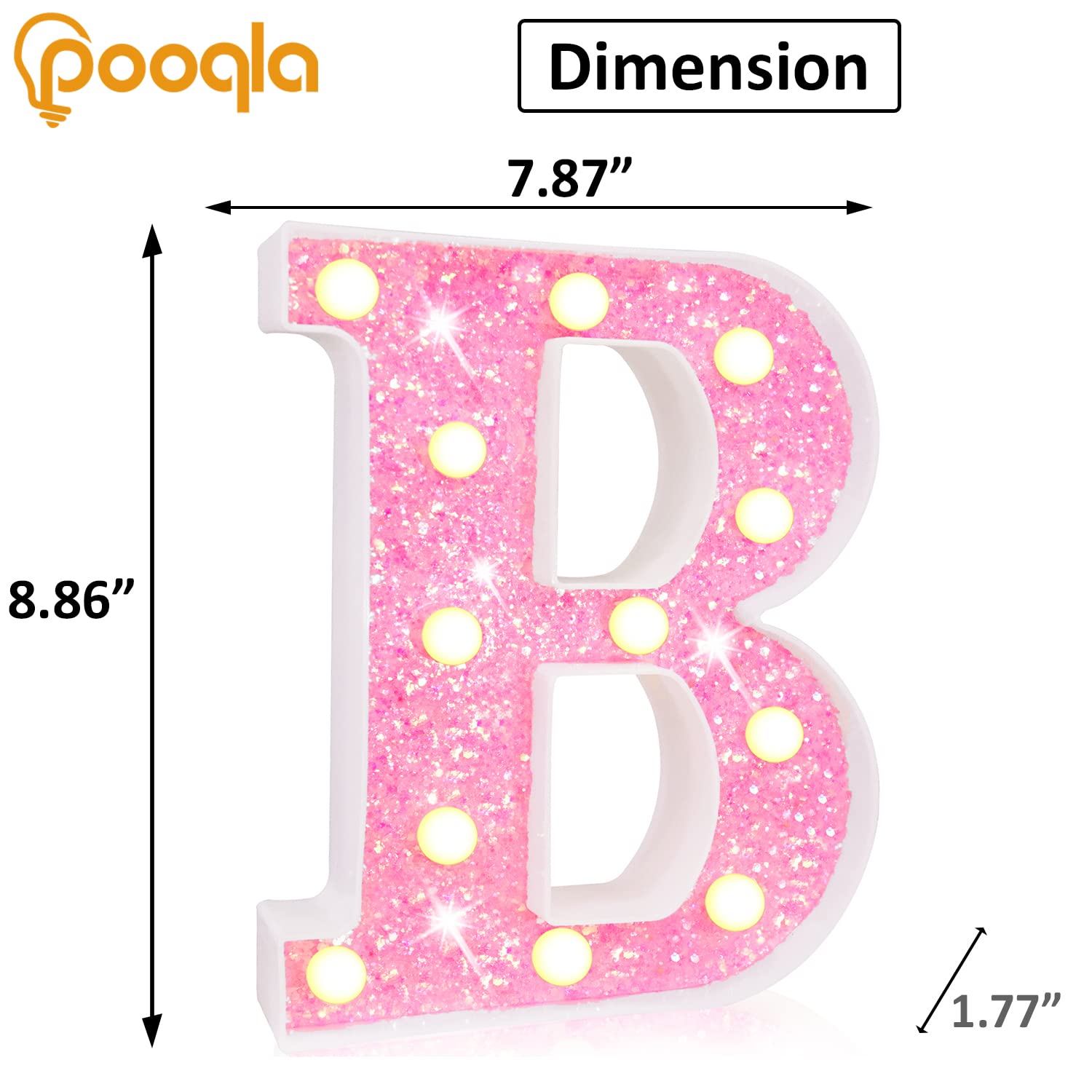 Pooqla LED Marquee Letter B - Pink Glitter Alphabet Light Up Sign, Battery Powered Night Light for Birthday Party, Wedding, Home Bar, Christmas Decor, Girls Gifts - Perfect for Bedroom, Nursery & Event Decorations