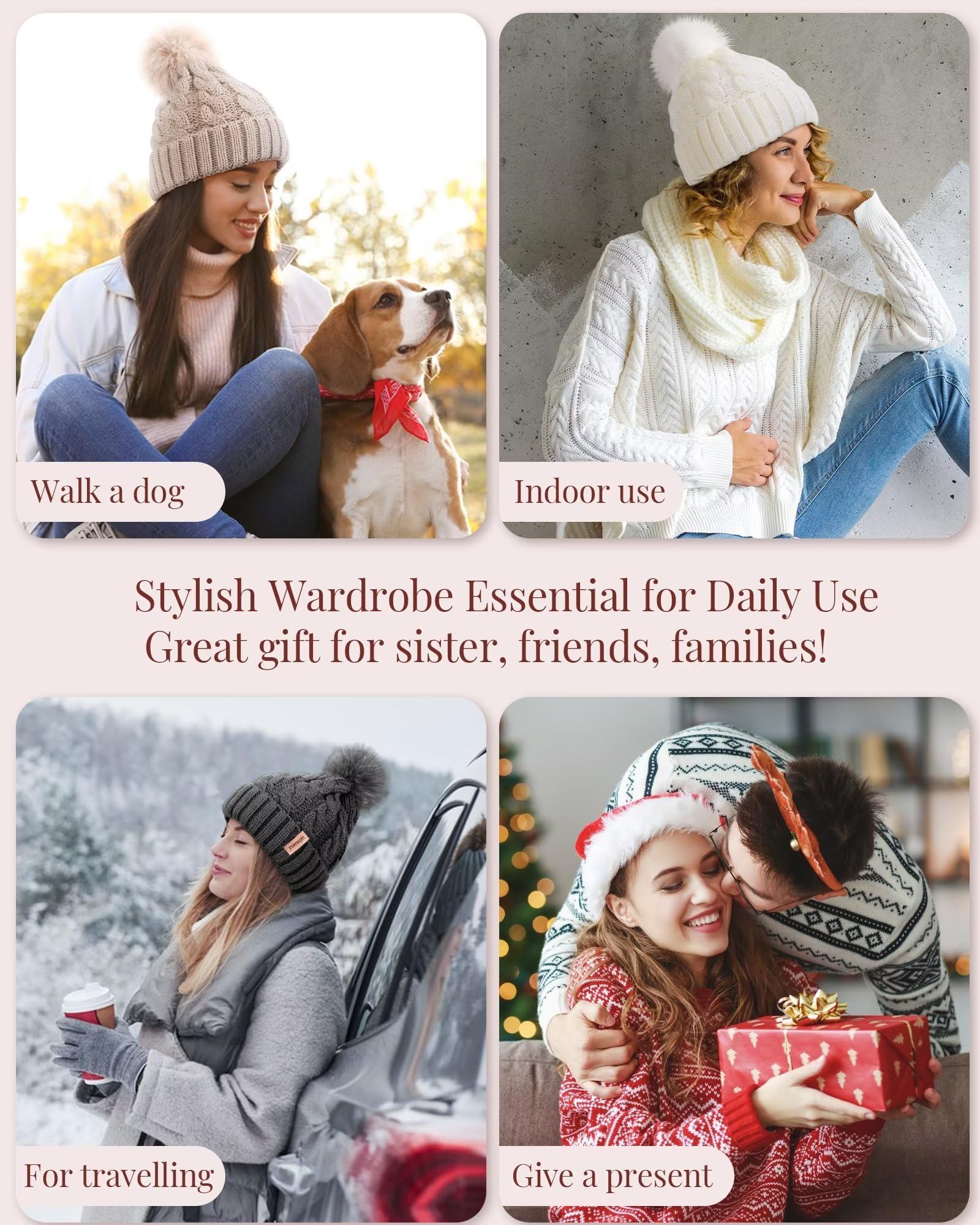 3 PCS Women's Knit Beanie Hats with Pom Pom - Warm Winter & Fall Fashion Hats for Ladies - Perfect for Outdoor Activities, Skiing, Snowboarding & Casual Winter Wear