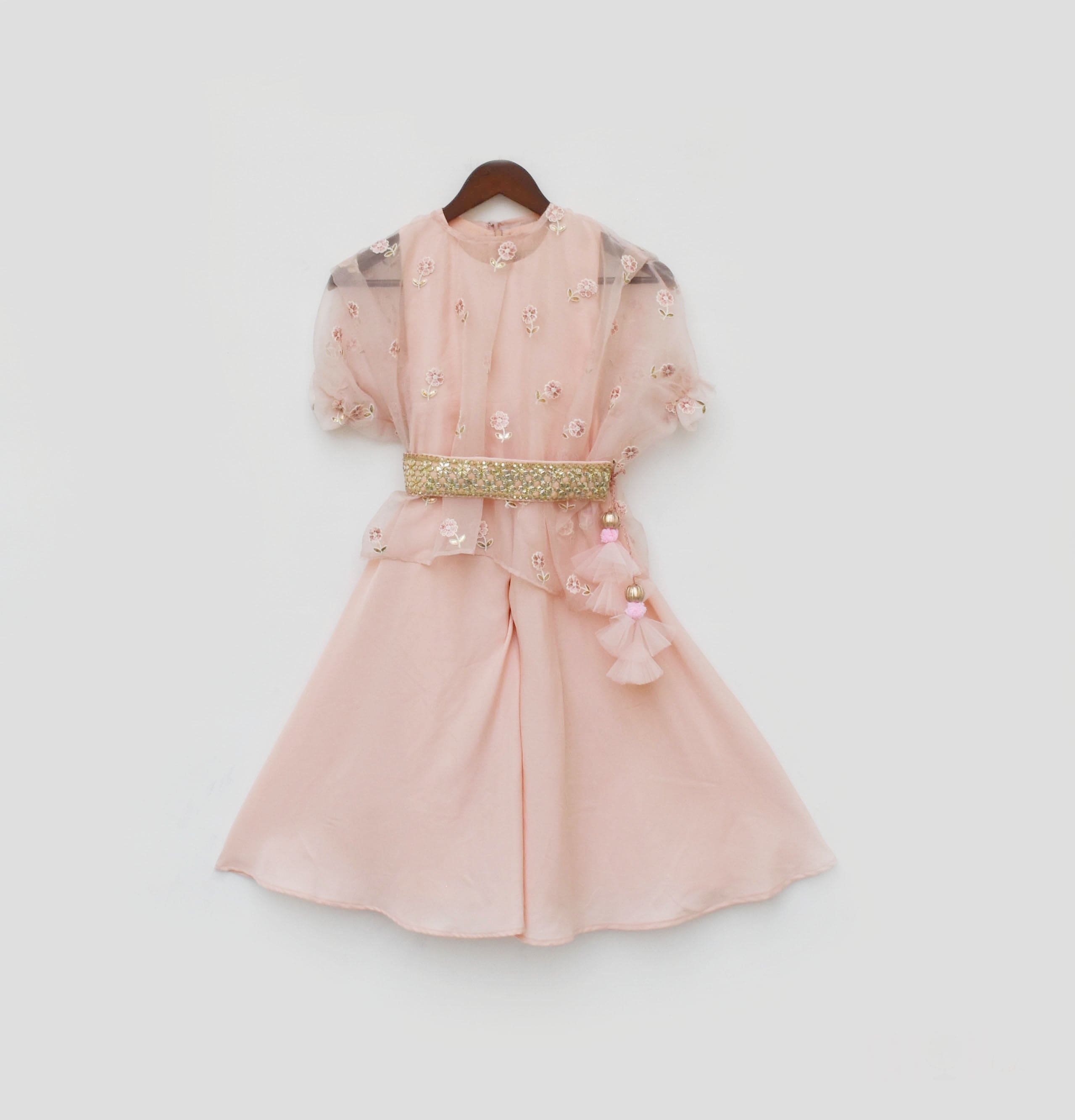 Pre-Order: Elegant Peach Crepe Jumpsuit with Sheer Organza Cape - Perfect for Weddings, Parties & Special Occasions