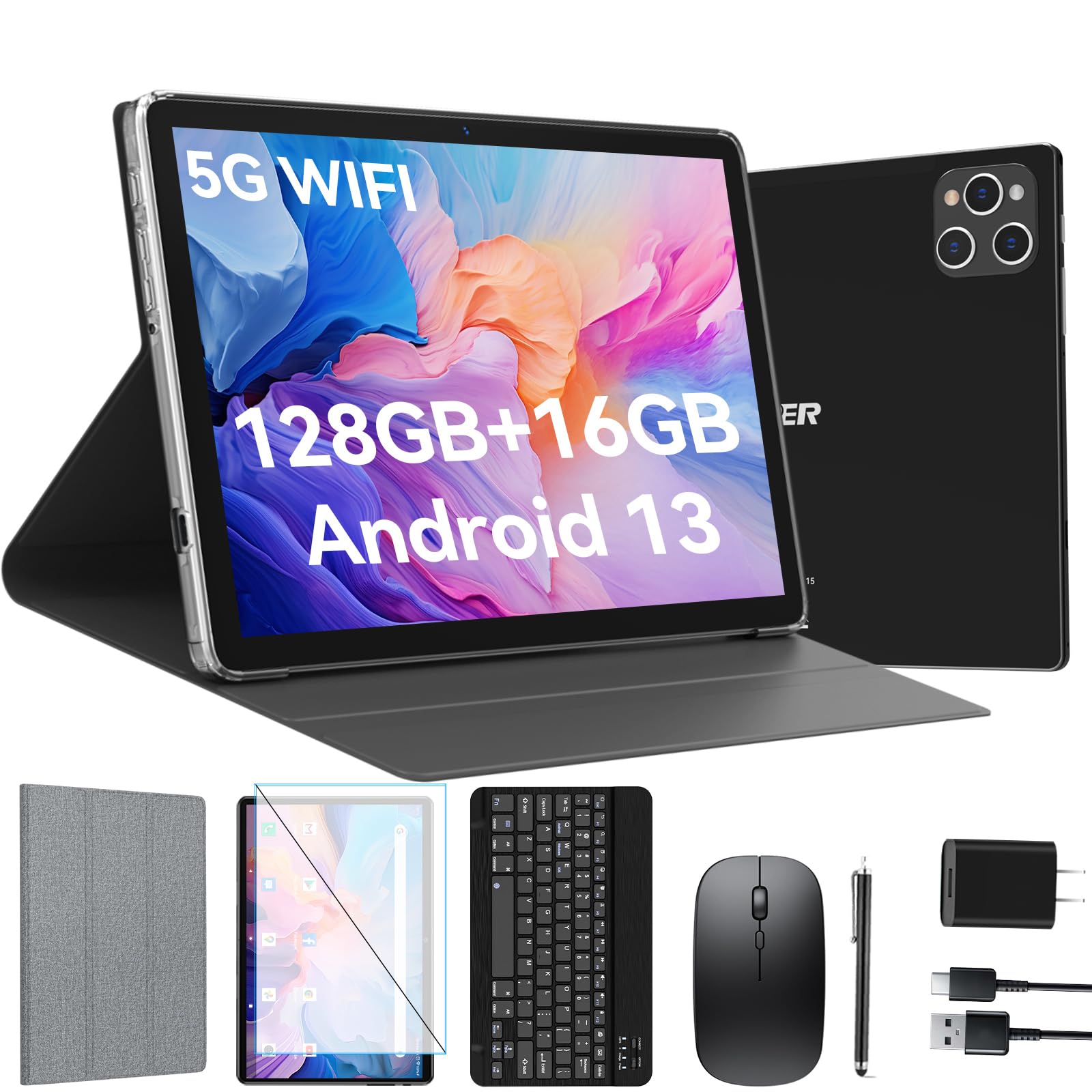 ANTEMPER 10 Inch Android Tablet 2025 - Android 13 OS, 128GB Storage + 16GB RAM (8+8 Virtual), Octa-Core Processor, 5G WiFi, 13MP+8MP Dual Camera, GPS - Includes Keyboard & Mouse Case (Black) - Perfect for Work, Study & Entertainment