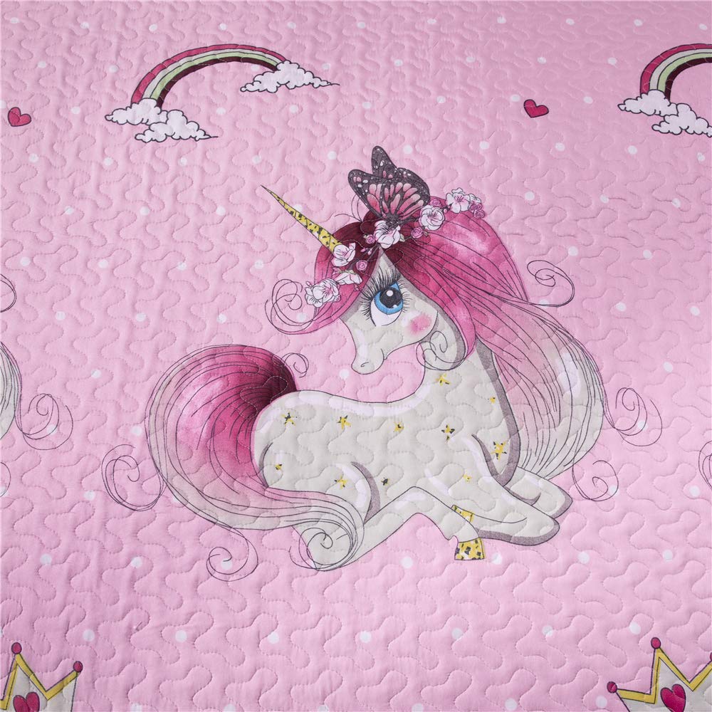 **Pink Unicorn Reversible Quilt Set for Twin Bed – Lightweight Girls' Quilt Coverlet with Pillow Shams | Soft Bedspread for Kids' Room, Sleepovers & Cozy Bedtime**